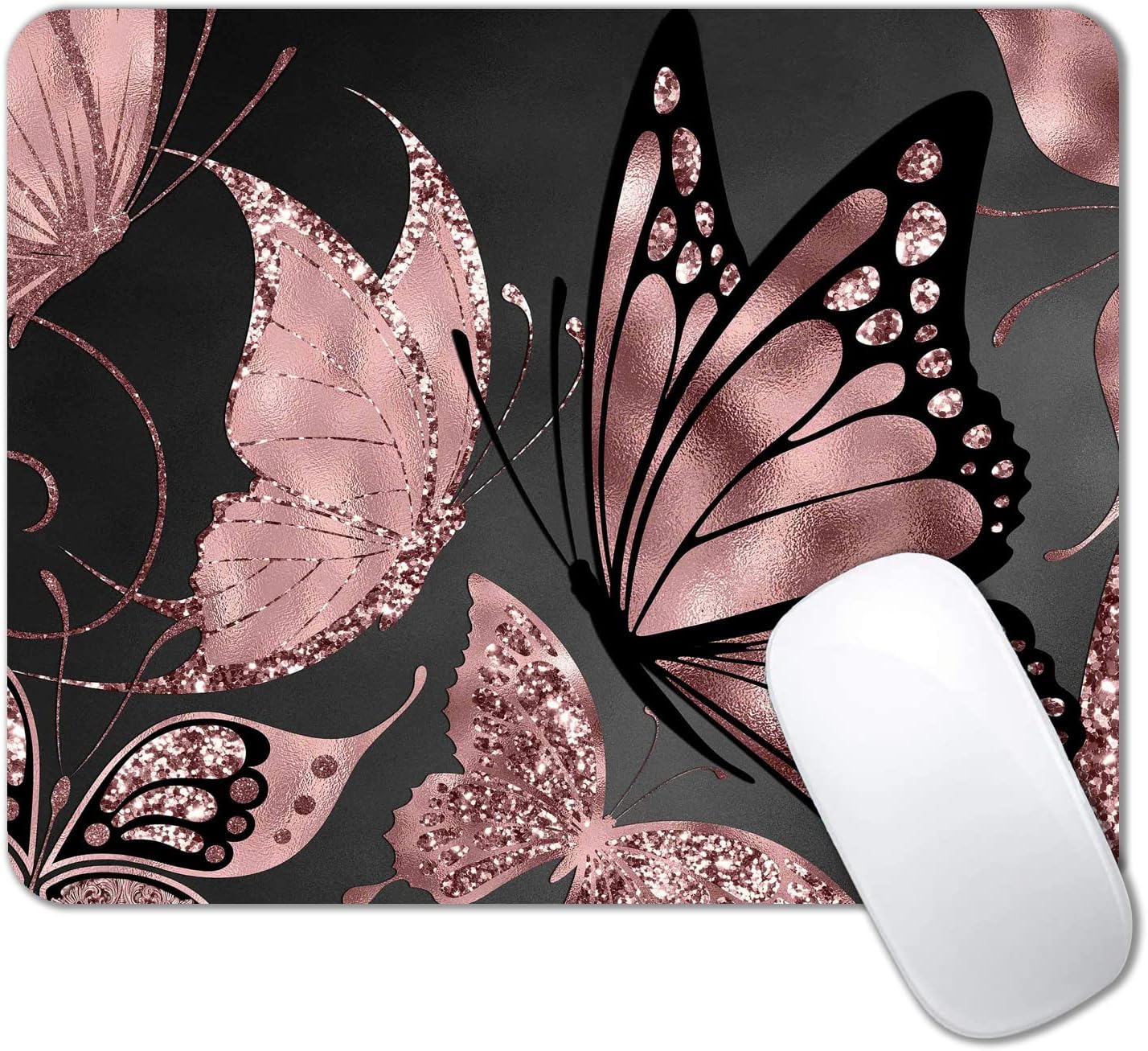 IMAYONDIA Mouse Pad, Rose Gold Butterfly Mouse Pad, Non-Slip Rubber Base Mousepad, Mouse Mat Desk Pad for Work, Game, Office, 9.5 x 7.9 Inch - Beautiful Modern Glitter Foil Design