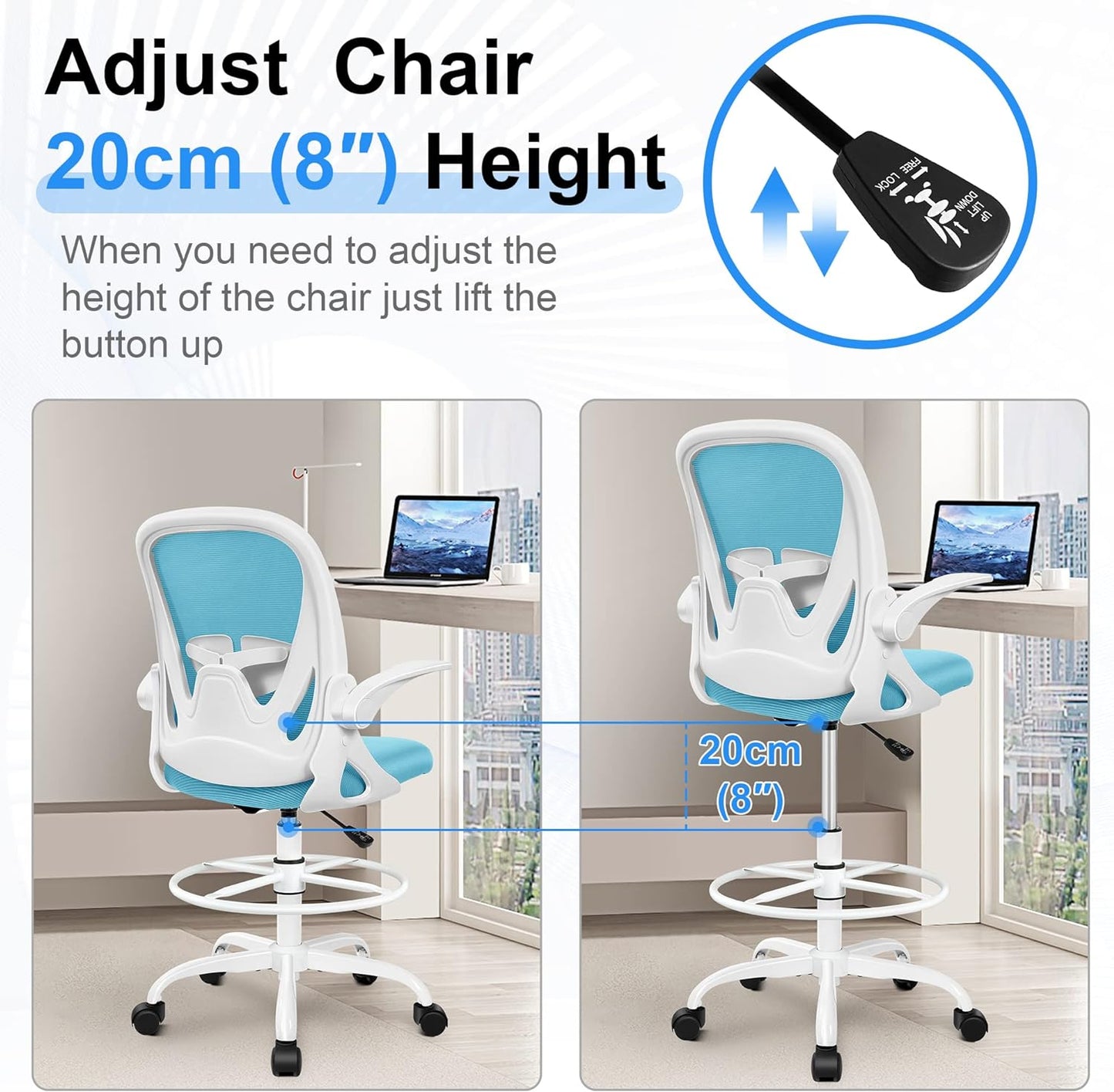 Primy Drafting Chair Tall Office Chair with Flip-up Armrests Executive Ergonomic Computer Standing Desk Chair with Lumbar Support and Adjustable Footrest Ring（Blue）