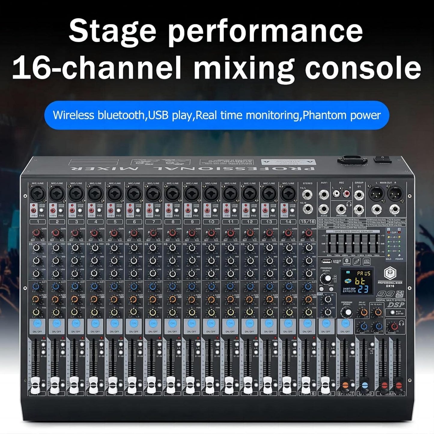 W IN-MIX DX16 Professional DJ Audio Mixer 16 Channel with 99 DSP Effects,7-band EQ,Independent 48V Phantom Power&Mute Button,Bluetooth Function,USB Interface Recording For Studio & Stage