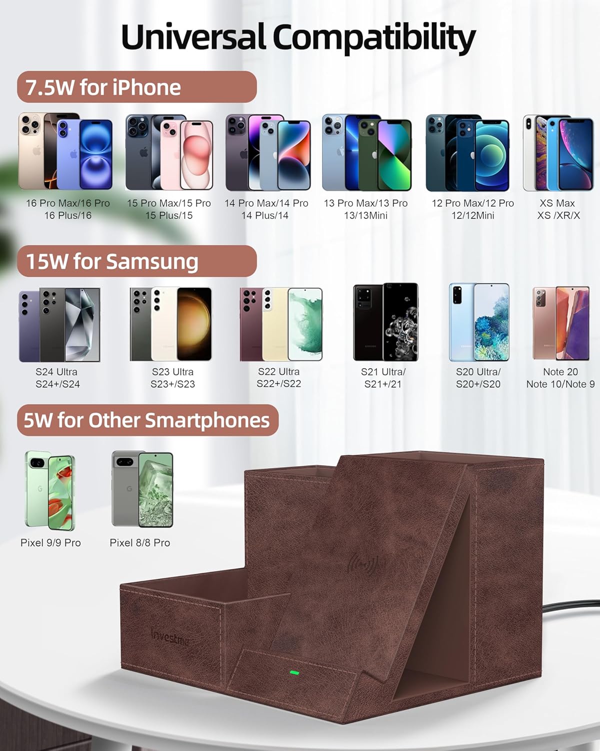 Wireless Charger with Desk Organizer, Pen Pencil Holder, Multifunctional Desktop Organizer, Office Supplies and Desk Accessories Organizer with 3 Compartments and 1 Phone Stand, Dark Brown