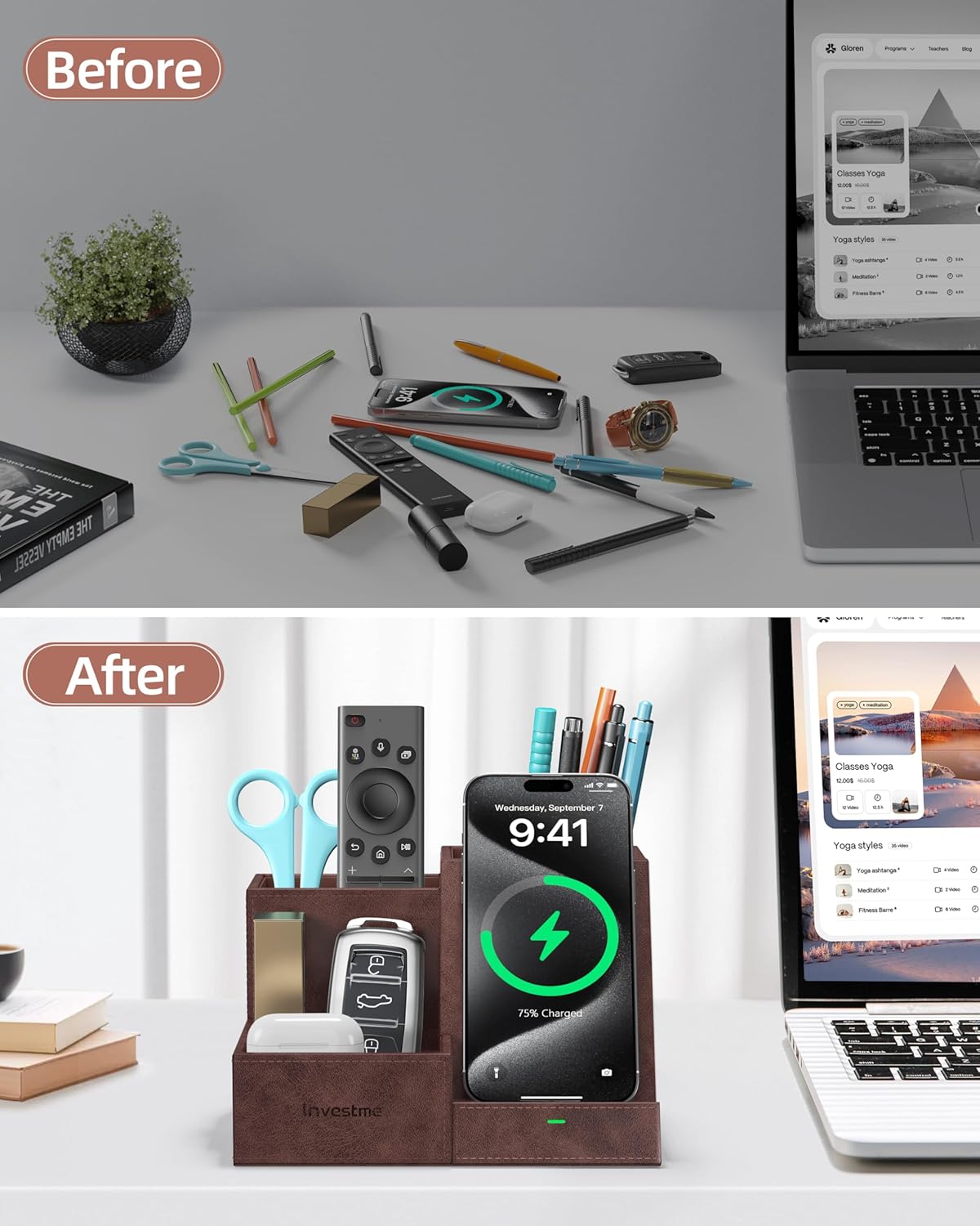 Wireless Charger with Desk Organizer, Pen Pencil Holder, Multifunctional Desktop Organizer, Office Supplies and Desk Accessories Organizer with 3 Compartments and 1 Phone Stand, Dark Brown