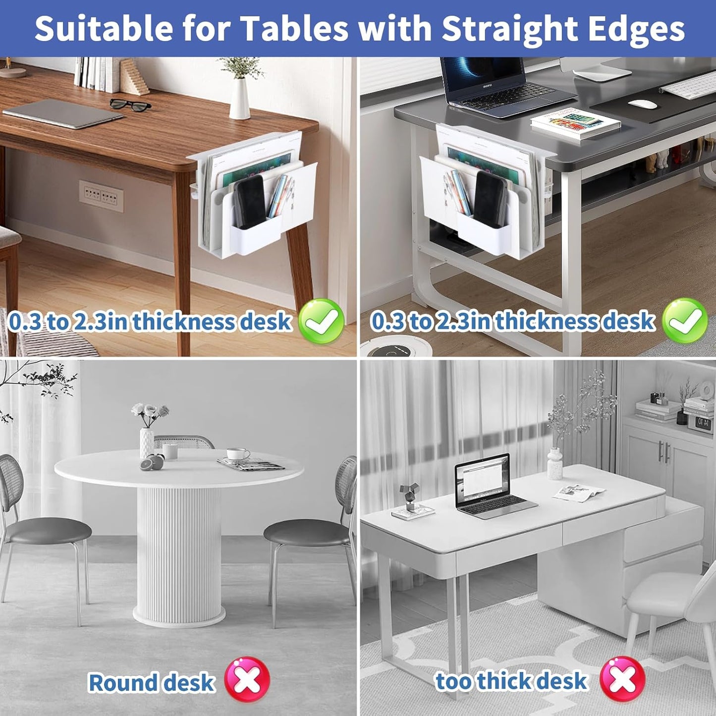 2 Tier Desk Side Storage, Under Desk Laptop Holder with Magnetic Pen Holder, Clamp on Table Organizer, No Drill Hanging Table Organizer for Office and Home Fits Flat Edge 0.3" to 2.3"