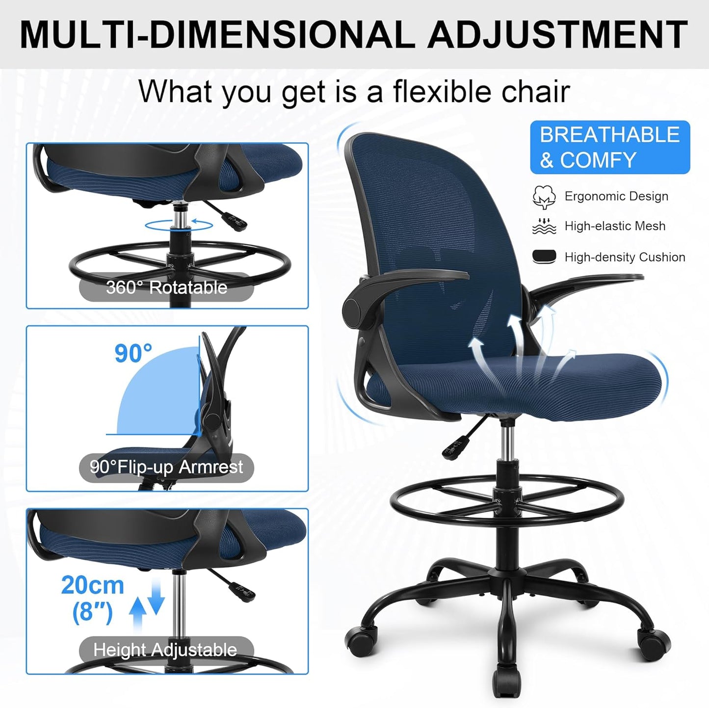 Drafting Chair, Tall Office Chair Ergonomic Standing Desk Chair,with Adjustable Footrest Ring, 3D Lumbar Support, Flip-up Armrests, Swivel Desk Stool for Drawing Working Navy