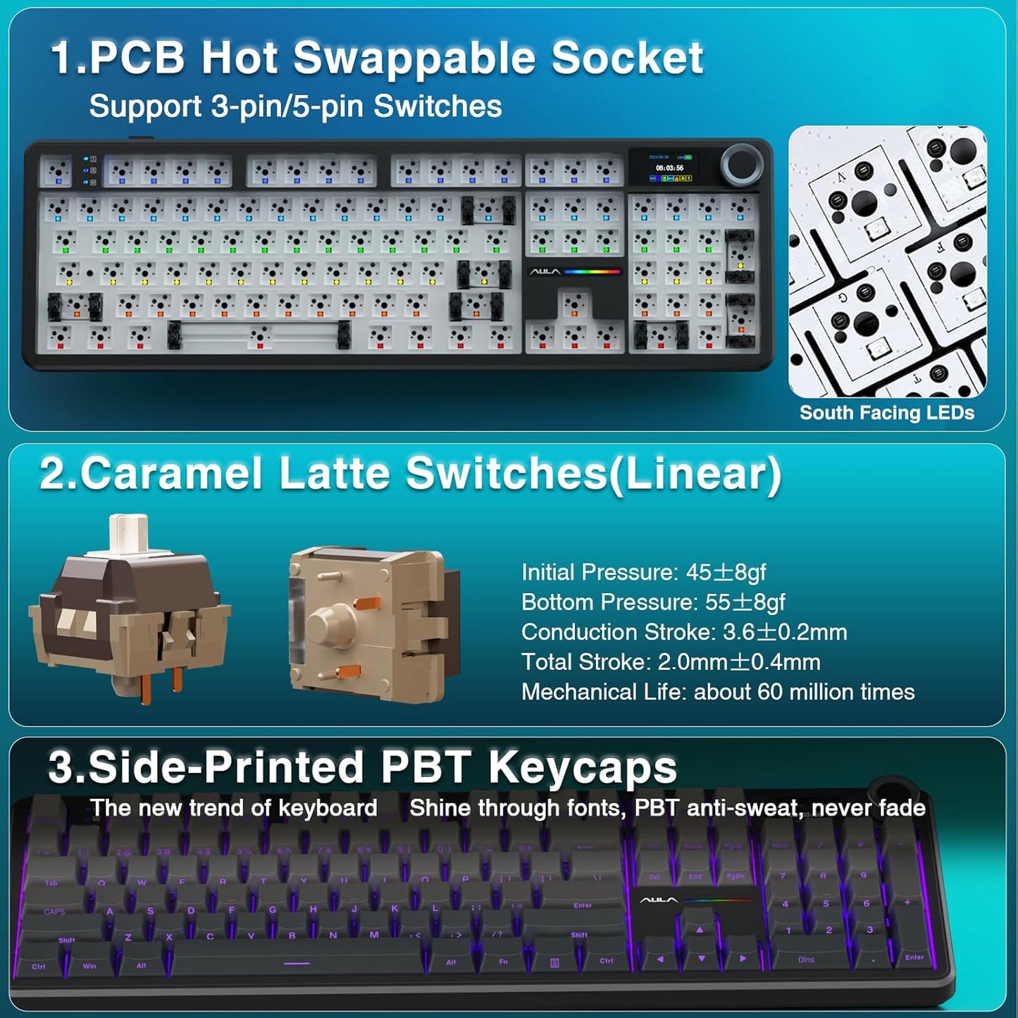 AULA F108 PRO - Wireless Mechanical Keyboard with Screen & Knob,Full Size Keyboard with 8000mAh Battery,Pre-lubed Switches,Side Printed PBT Keycaps,RGB Backlit Hot Swappable Custom Gaming Keyboards