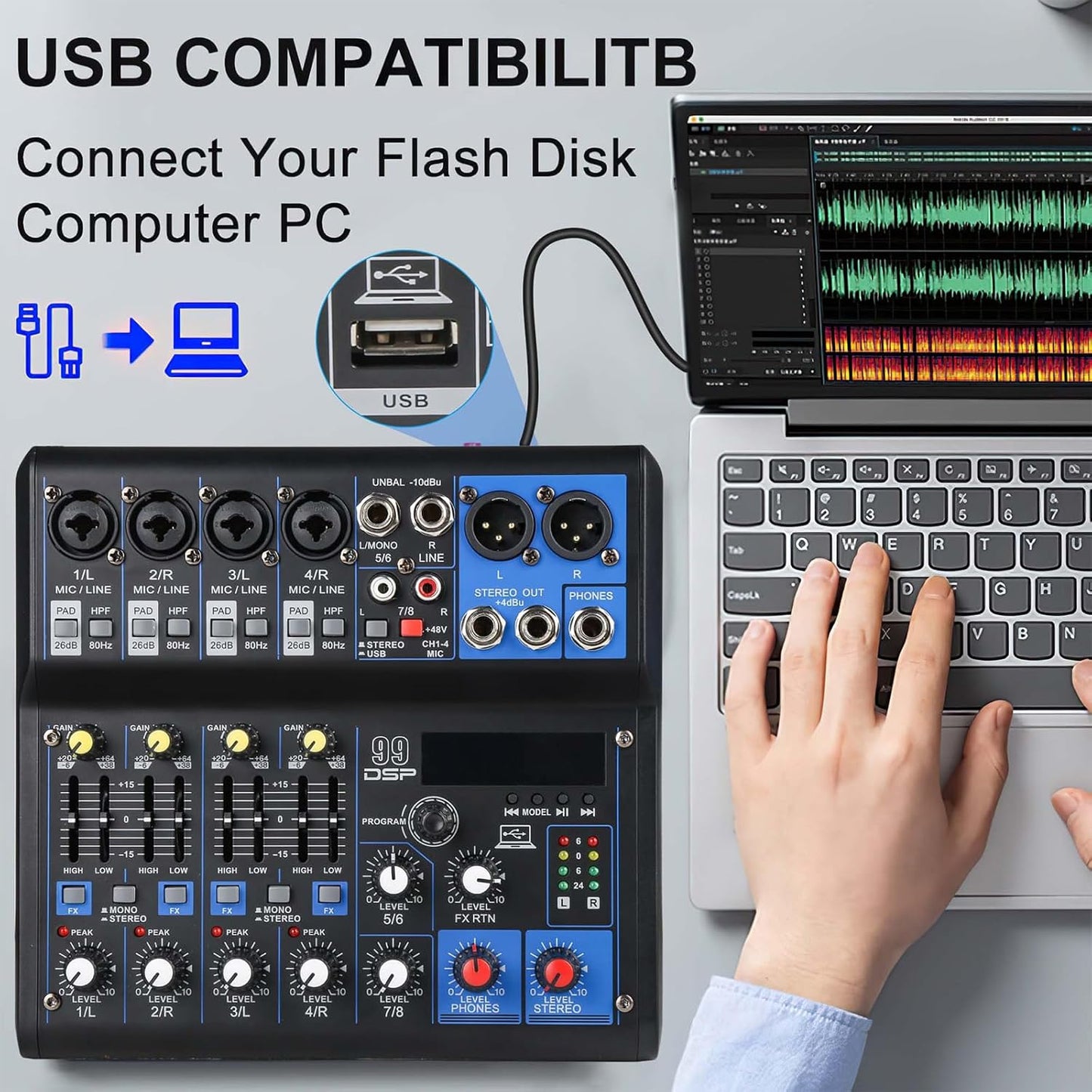 Dj Mixers 8 Channel Audio Mixer Sound Board with Bluetooth, Usb Audio Interface with Sound Card Recording and 48V Phantom Power Sounds Mixer Board with 99 DSP FX Reverb Delay Effect for Streaming