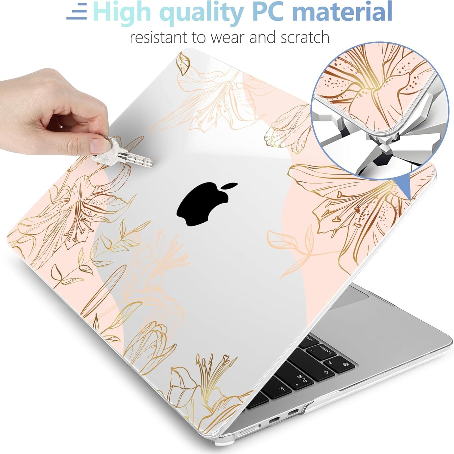 MEEgoodo Case for MacBook Air M4/M3/M2 13.6 inch 2025 2024 2022, Fit Model A3240 A3113 A2681, Compatible with MacBook Air 13 inch, Laptop Hard Shell Case with Keyboard Cover, Gold Flowers Lilies