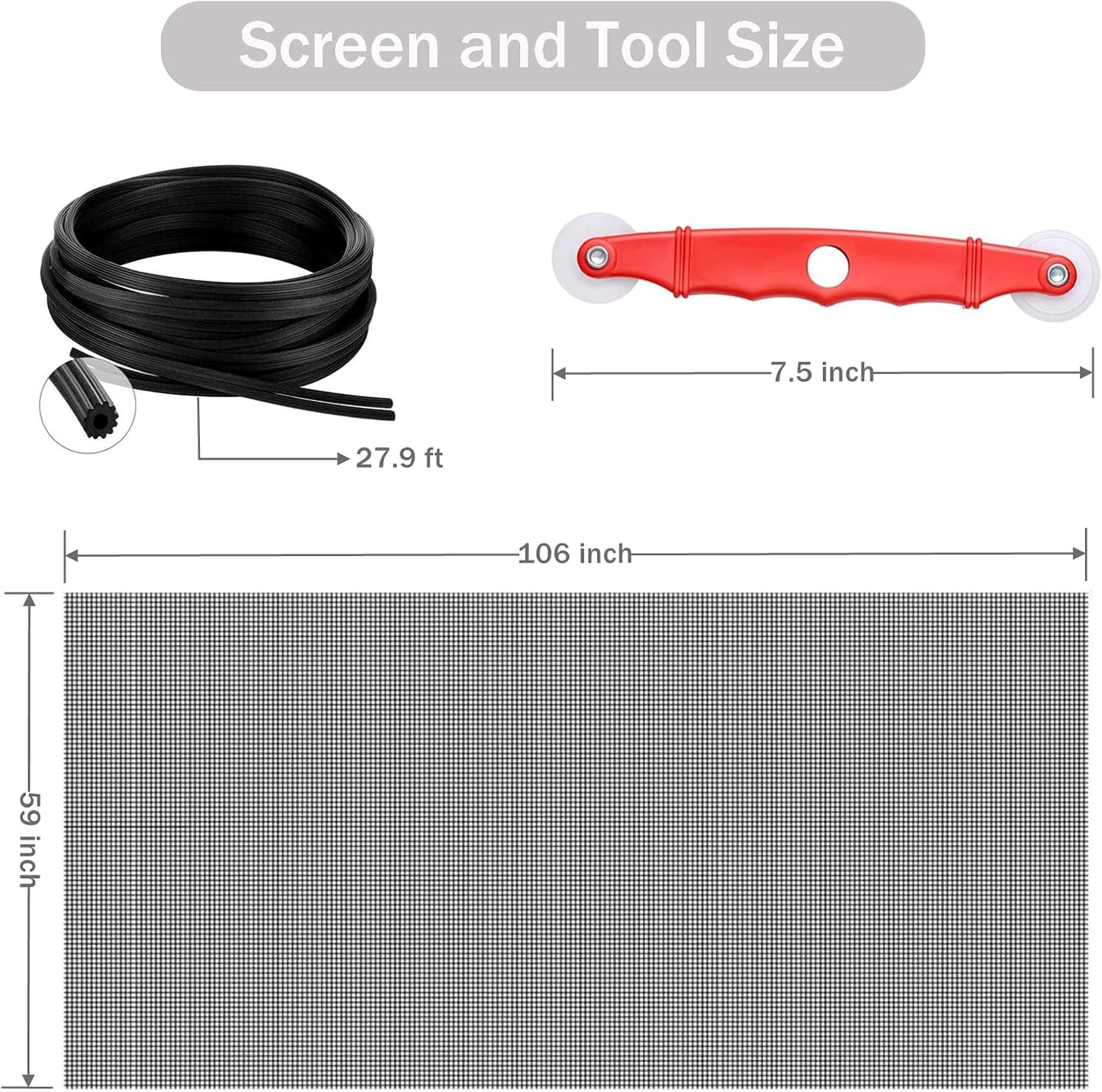 Window Screen Replacement Kit, 59'' x 106'' Fiberglass Screen Mesh with Rolling Tool and Screen Retainer Spline, DIY Adjustable Screen Door Mesh for Window, Door and Patio, Black