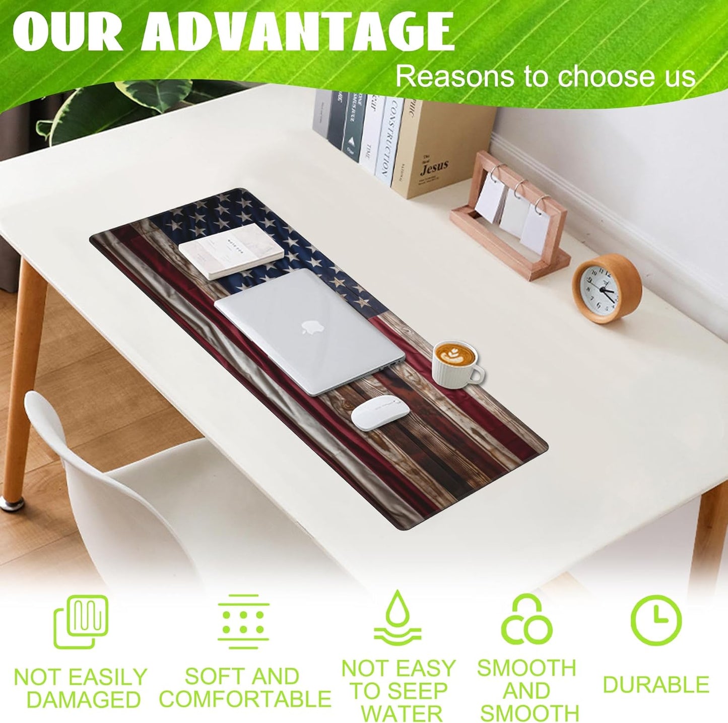 Large Gaming Mouse Pad for Desk,Wooden American Flag Desk Mat,Wooden USA Flag Desk Pad,Extended Big Computer Keyboard Mouse Pad with Non-Slip Base and Stitched Edge,31.5"x11.8"