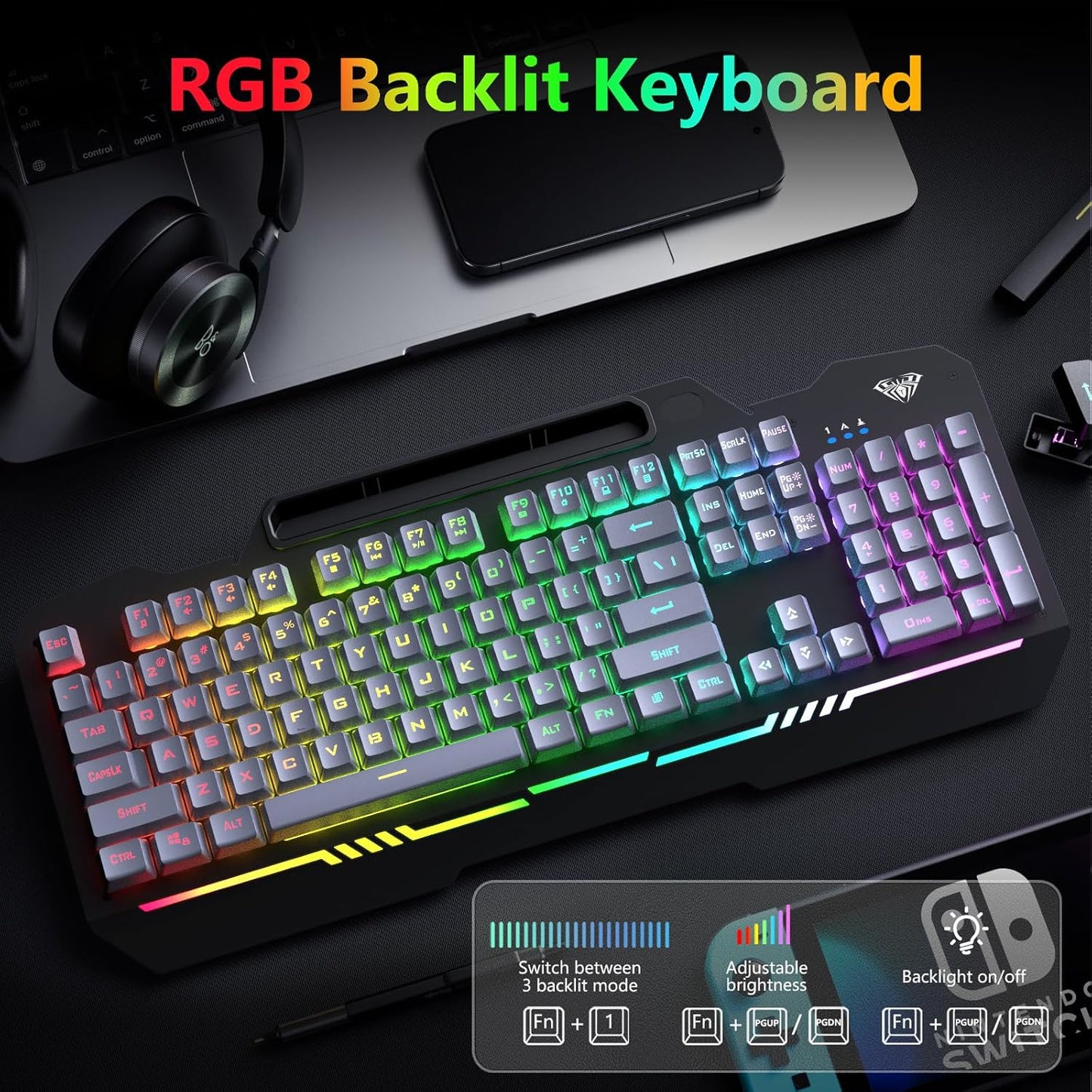 AULA T102 104 Keys Gaming Keyboard and Mouse Combo with RGB Backlit, All-Metal Panel Waterproof Light Up Quiet Computer Keyboard, USB Wired for MAC Xbox PC Gamers