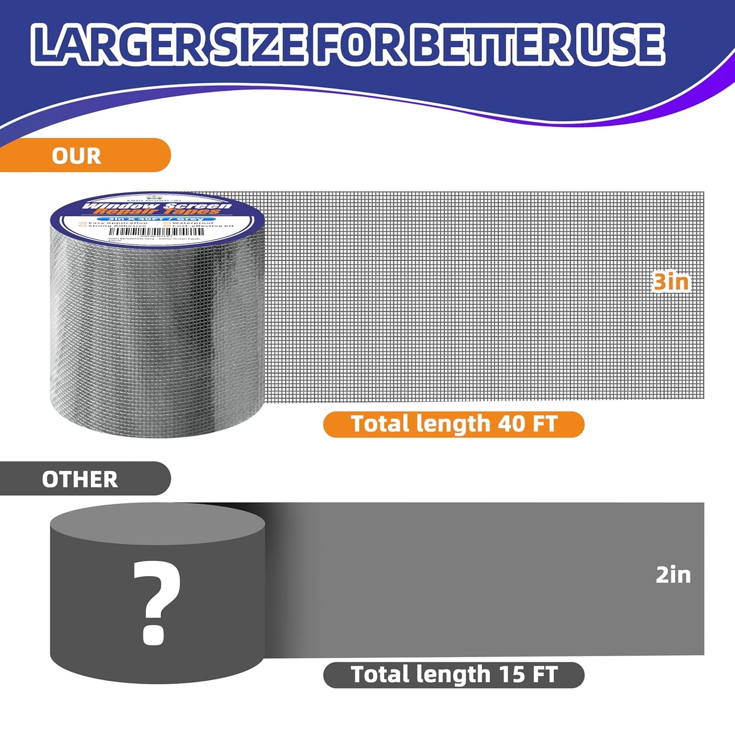 KING MOUNTAIN Grey Window Screen Repair Tape,3inX40FT Heavy Duty Screen Repair Kit for Window Screen and Screen Door Tears Holes,Strong Adhesive & Waterproof Window Screen Patch