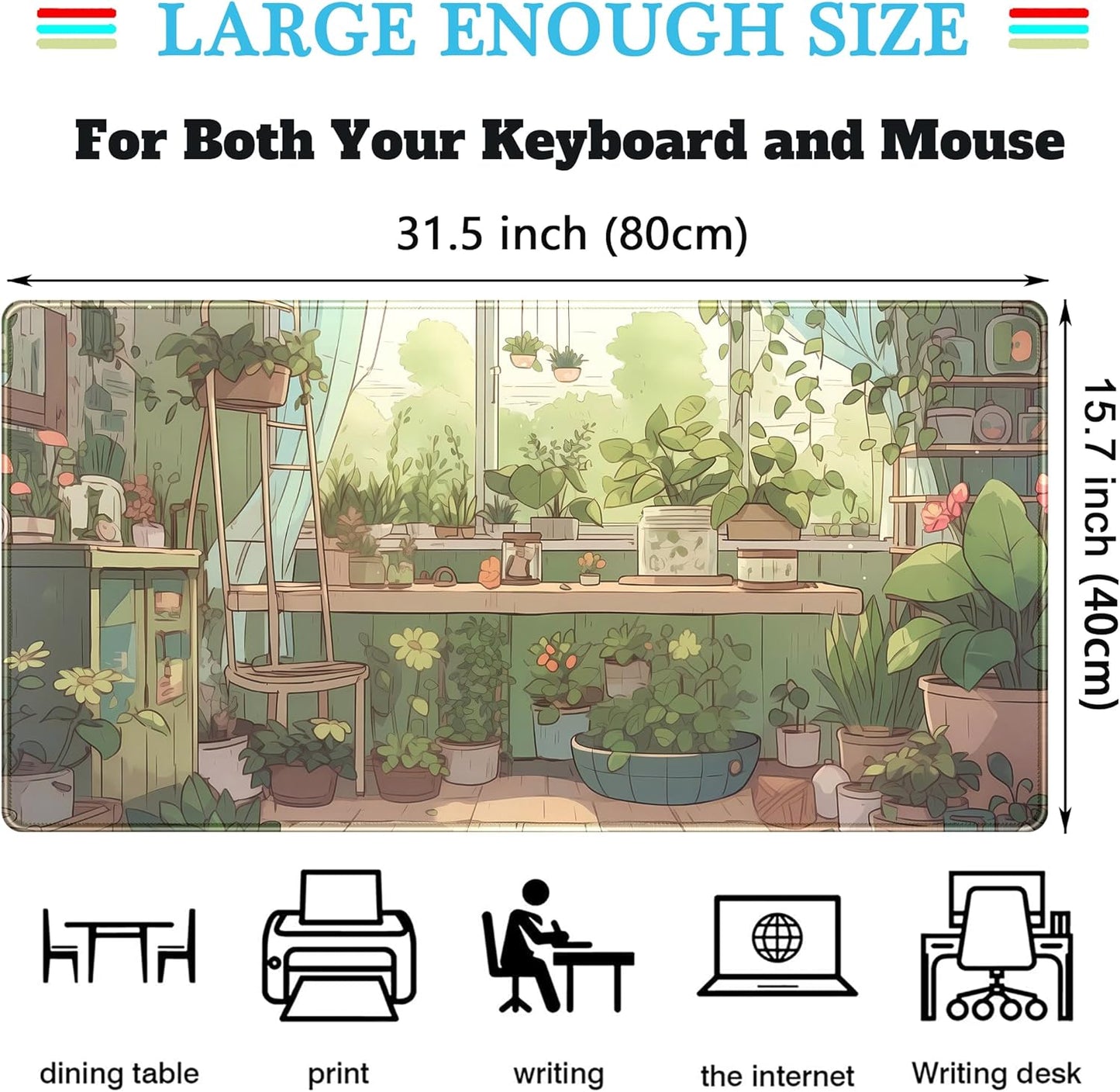 Cute Desk Mat Green Plants Gaming Mouse Pad XXL Large Extended Sage Laptop Keyboard and Mouse Mat with Stitched Edges, Computer Desktop Mat Playmat for Women Office Desk Decor Pad Mat 31.5x15.7 in