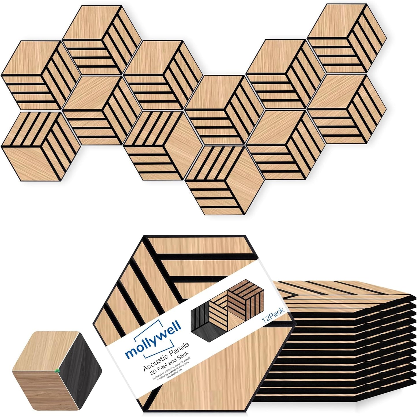 Mollywell Hexagon Acoustic Panels, Natural Oak TW4, 14x12x0.4 Inch, 12 Pack |Wood Veneer|High Density Sound Proofing Wall Panels|Self Adhesive Sound Dampening Felt Wall Tiles|Home Theater|Gaming Room|