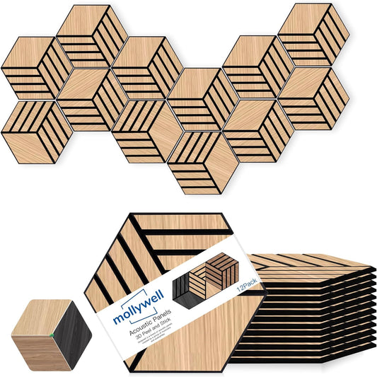Mollywell Hexagon Acoustic Panels, Natural Oak TW4, 14x12x0.4 Inch, 12 Pack |Wood Veneer|High Density Sound Proofing Wall Panels|Self Adhesive Sound Dampening Felt Wall Tiles|Home Theater|Gaming Room|