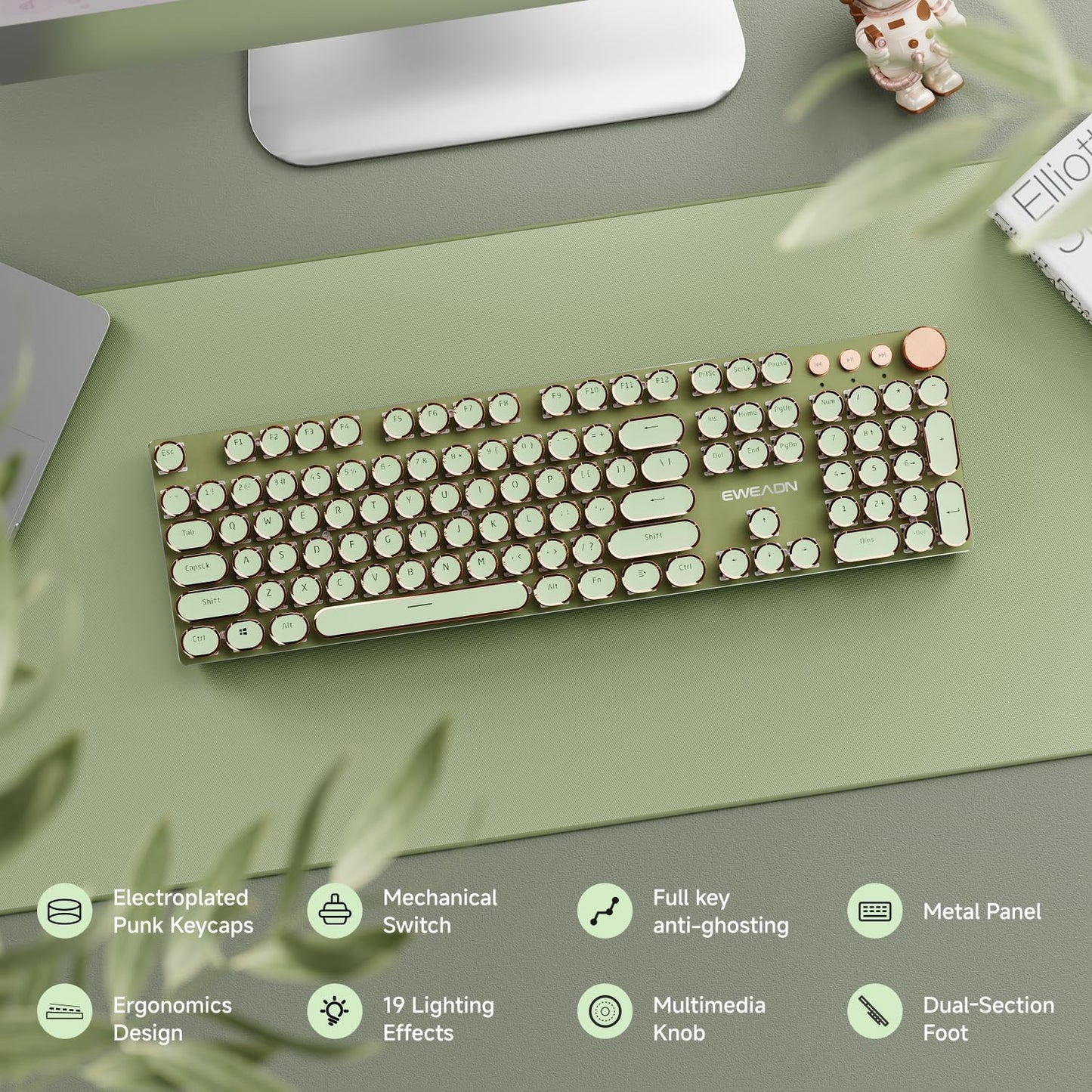EWEADN Typewriter Style Mechanical Gaming Keyboard, Wired Mechanical Keyboards,104 Keys Backlit LED Keyboards, Media Control Knob, Wired Computer Keyboard Pink Switch for Windows/Mac/PC-Green