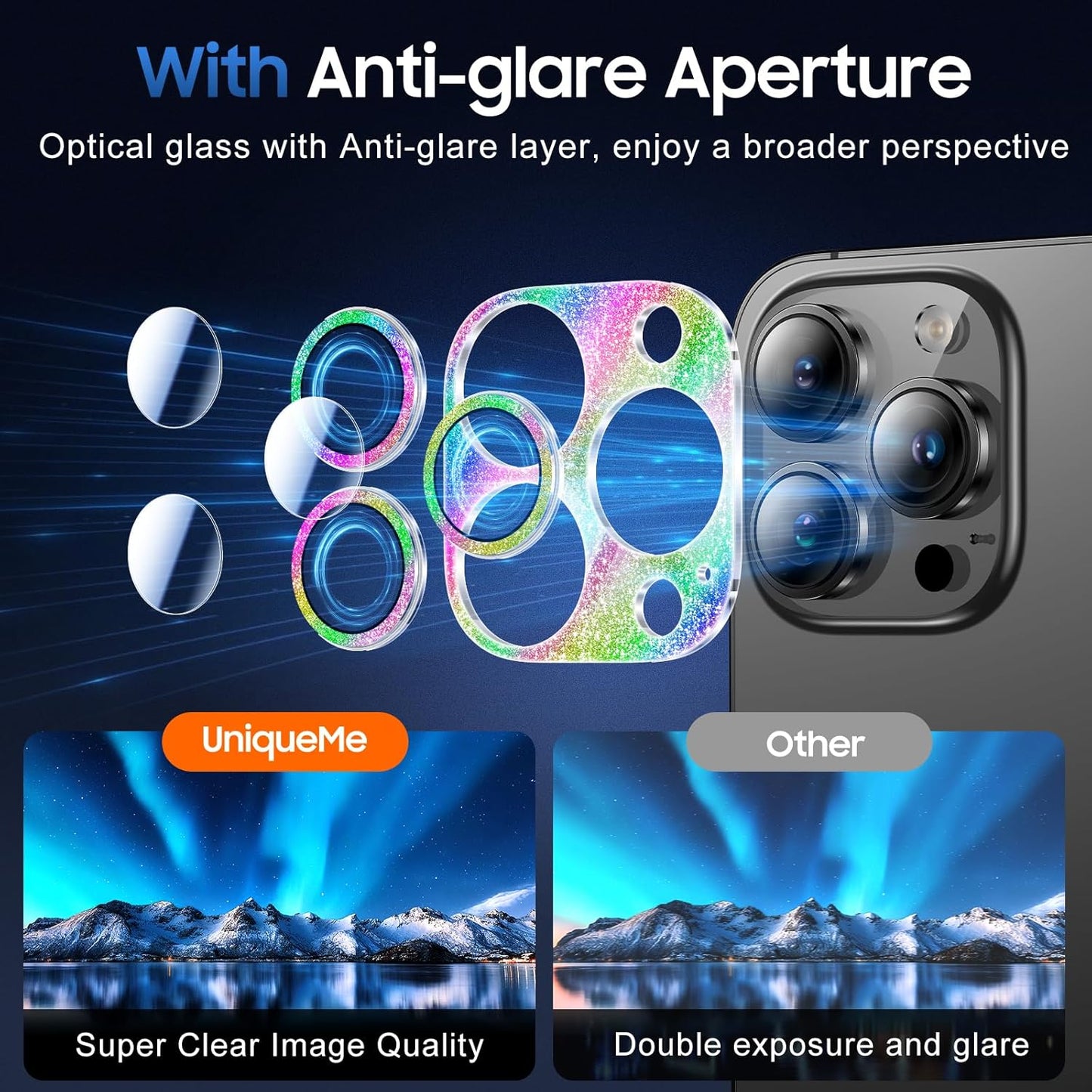 UniqueMe 3 Packs Compatible for iPhone 13 Pro Max/iPhone 13 Pro Camera Lens Protector Acrylic [Not Glass],[Case Friendly][Scratch-Resistant][Night Shooting Mode]-Glitter Colorful