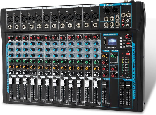 12 Channel Audio Interfacer Sound Board Mixer DJ Mixer 16-Bit DSP Effect USB Audio Mixer +48V Phantom Power Bluetooth Mixer for Karaoke Studio Streaming Recording,Live Streaming