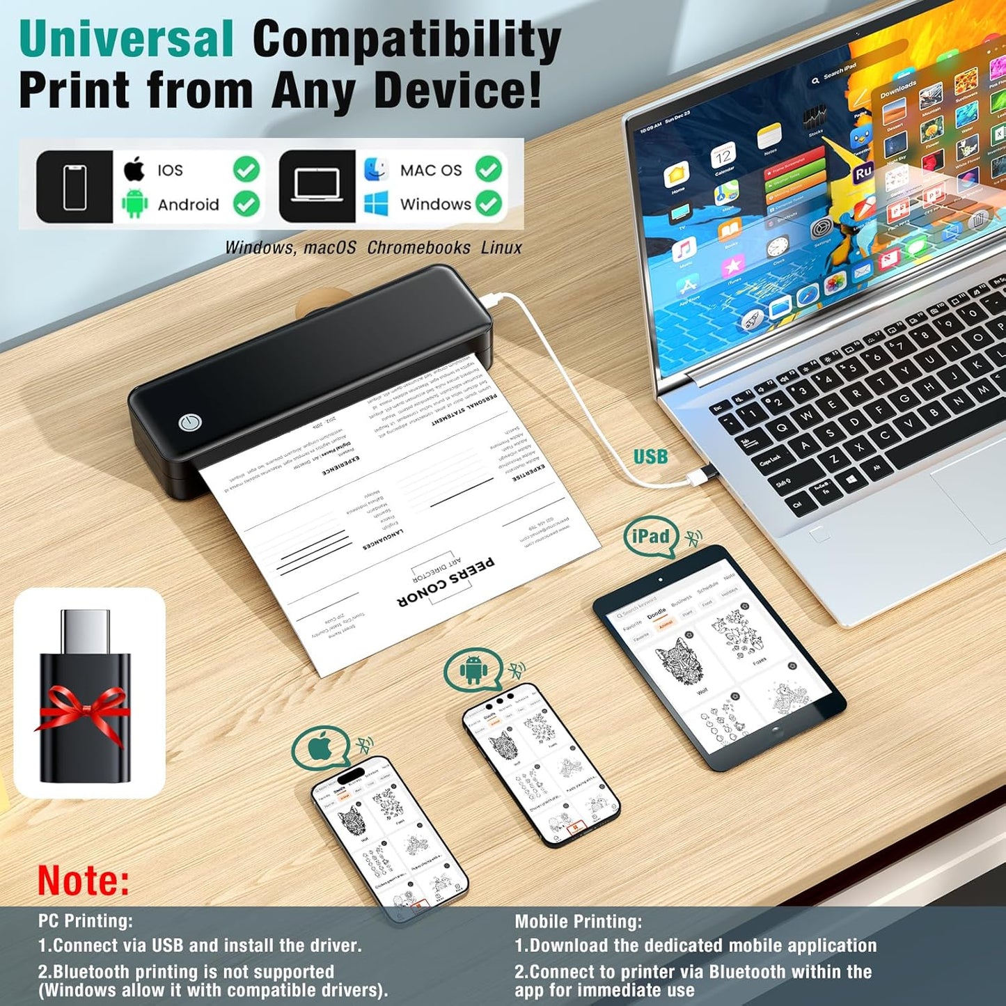 Portable Printer Wireless for Travel, Inkless Thermal Printer Supports 8.5 x 11 Inch Thermal Paper, Bluetooth Compatible with iOS, Android, Laptop Includes 2 Rolls & 10 Sheets of Paper Kit