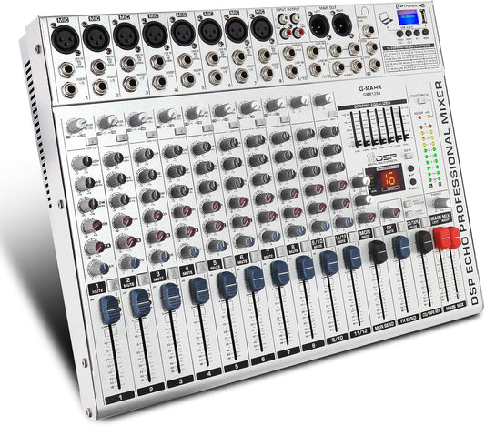 G-MARK GMX1200 DJ Mixer 12 Channel Professional Audio Mixer USB Mixing Console Music Studio 8 Mono 4 Stereo 7 Band EQ 16 Effect Podcast Streaming Audio Interface