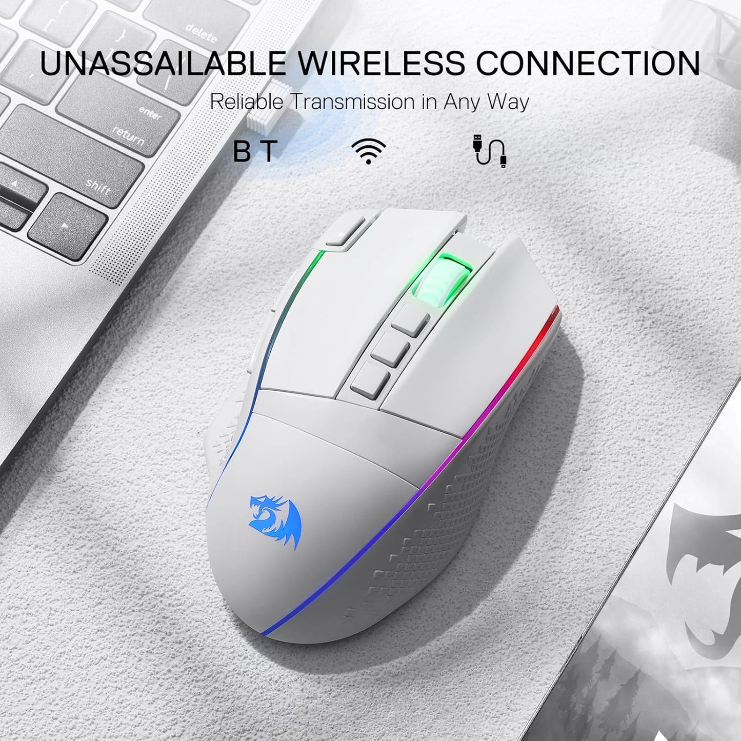 Redragon M991 Wireless Gaming Mouse, 26000 DPI 3-Mode Gamer Mice w/Rapid Fire Key, 9 Macro Buttons, Powerful Capacity and RGB Backlight for PC/Mac/Laptop, White