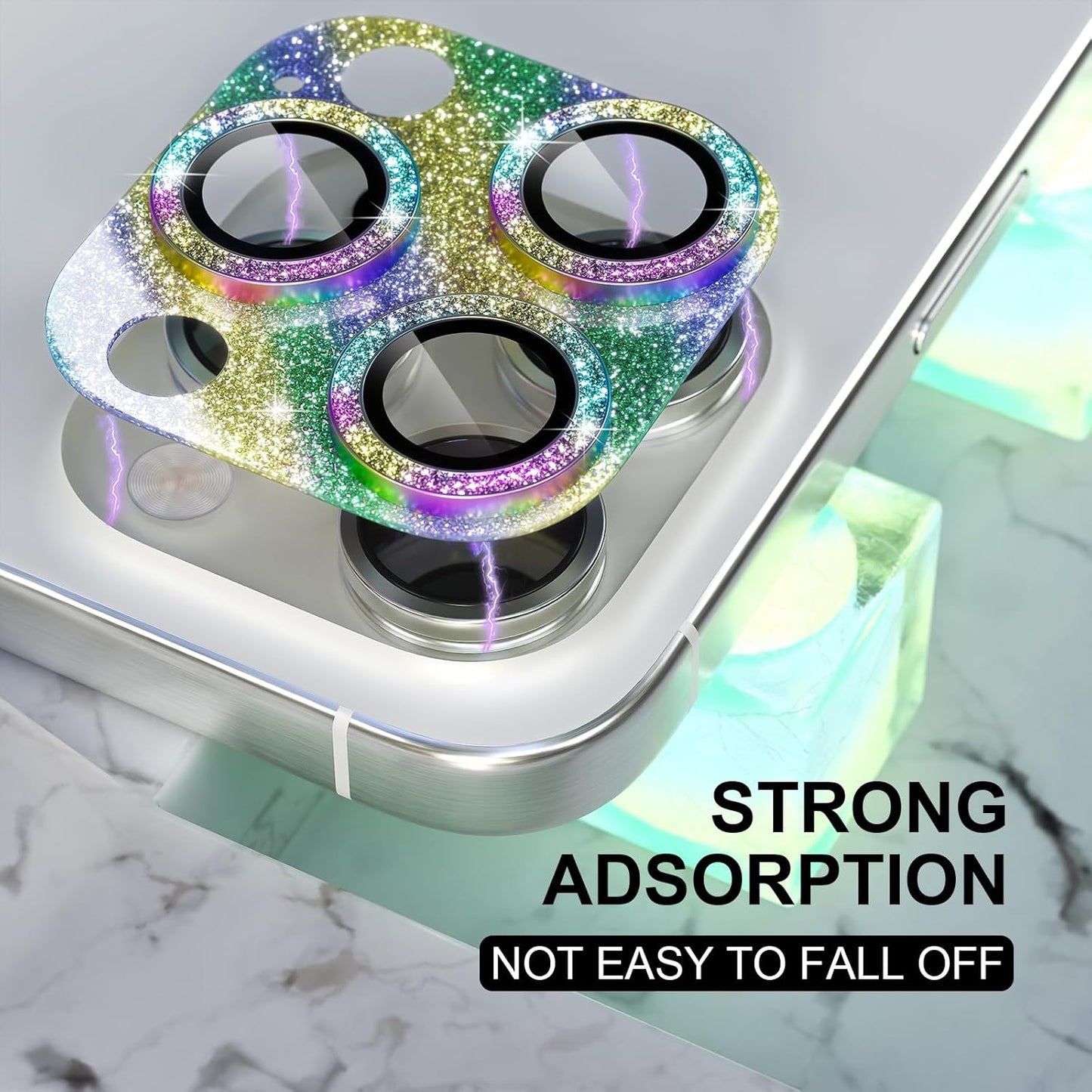 Choiche Compatible for iPhone 16 Pro/iPhone 16 Pro Max Camera Lens Protector, Bling Camera Cover with 9H Tempered Glass Lens Screen Protector Metal Ring Decoration Accessories (Glitter-Colorful)