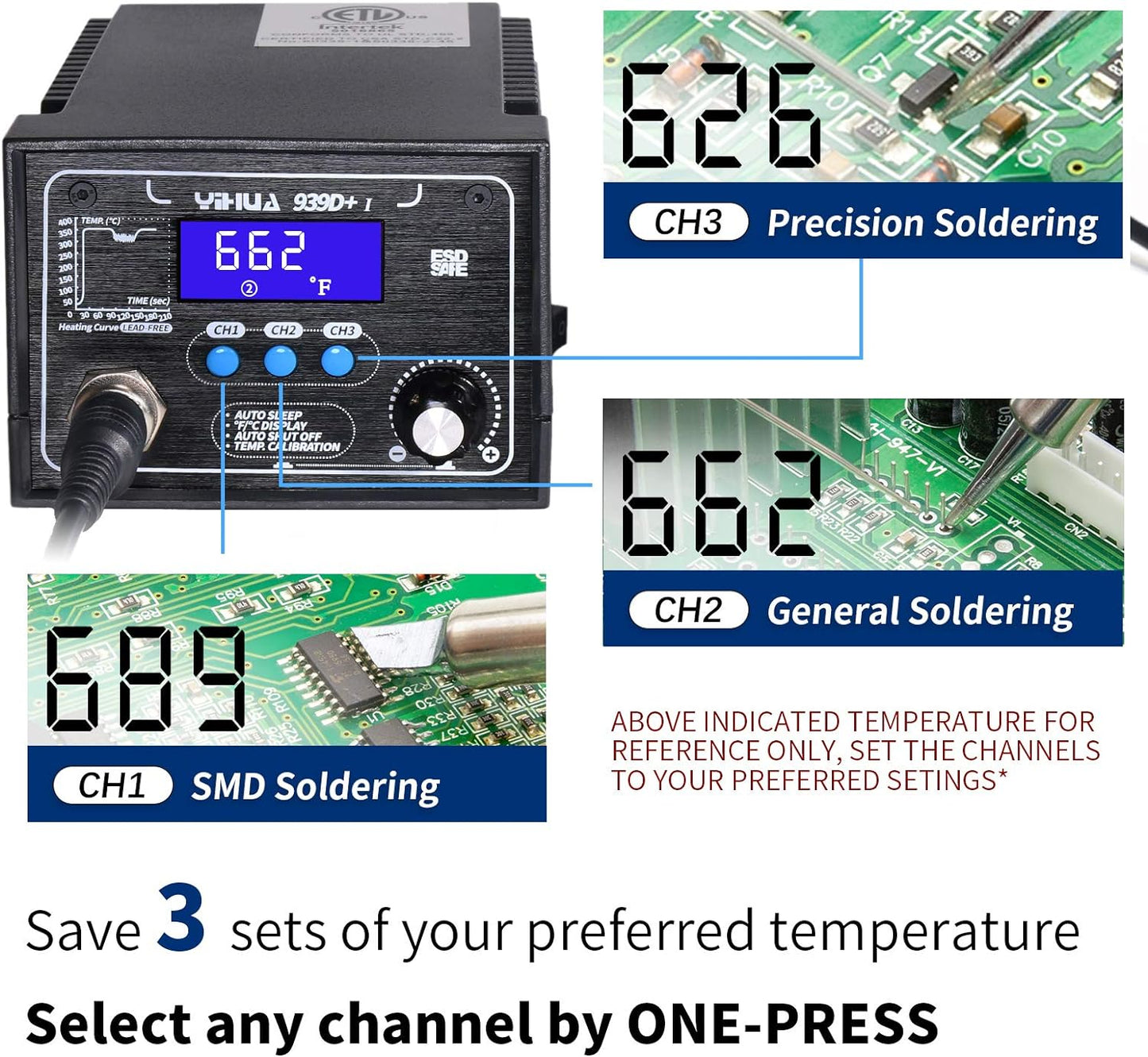 YIHUA 939D+ I Soldering Station, Upgraded, 75 Watt Equivalent with 3 Memories, °C/°F LCD display, Sleep Function, Automatic Shutdown & Brushed Aluminum Panel(Iron-burn Resistant)