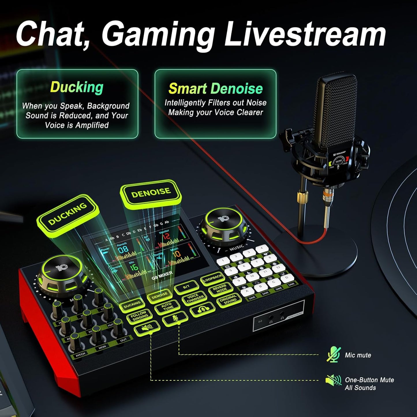 Podcast Microphone Bundle with Live Sound Card Audio Mixer, Podcast Equipment Bundle with 3.5mm Condenser Microphone for Pc/Phone Live Streaming Singing Gaming, Sound Board with Voice Changer, Denoise