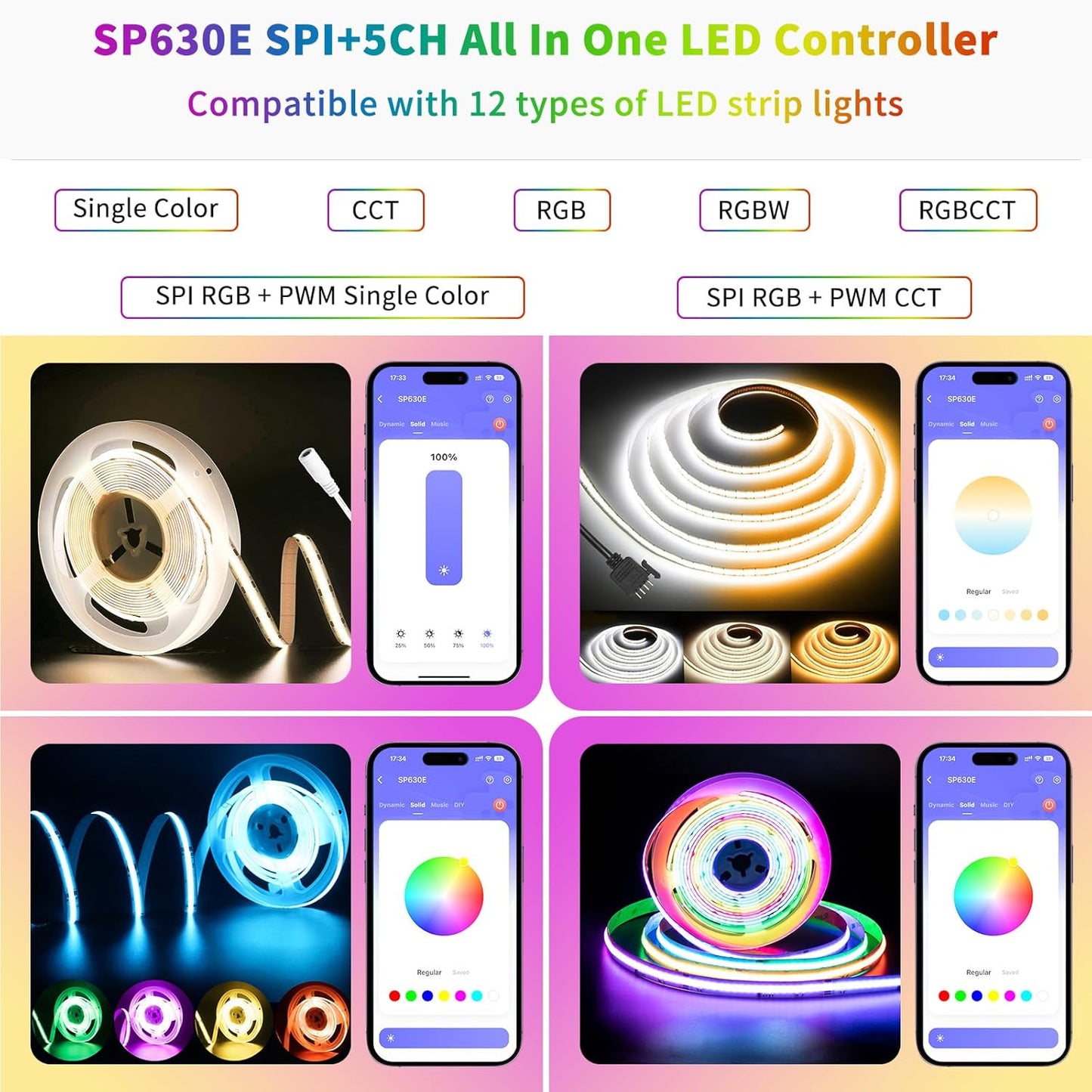 PAUTIX 12-in-1 Bluetooth LED Music Controller Addressable SP630E,Full Color Controller iOS/Andriod App Control Support Almost All LED Strip Lights CCT/RGB/RGBW/WW/RGBCCT,Matrix Panel(Without Battery)