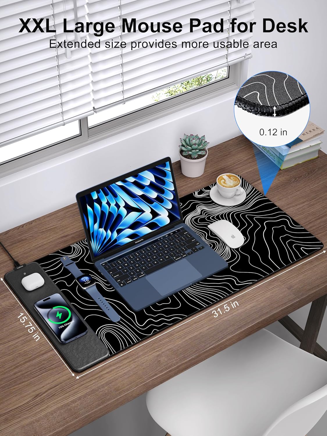 TopMade Mouse Pad with 15W Fast Wireless Charging, 31.5"x15.75" XXL Large Gaming Waterproof Desk Pad with Ultra-Smooth Surface, Non-Slip Base, Computer Desk Mat, Black Topographic Map #2