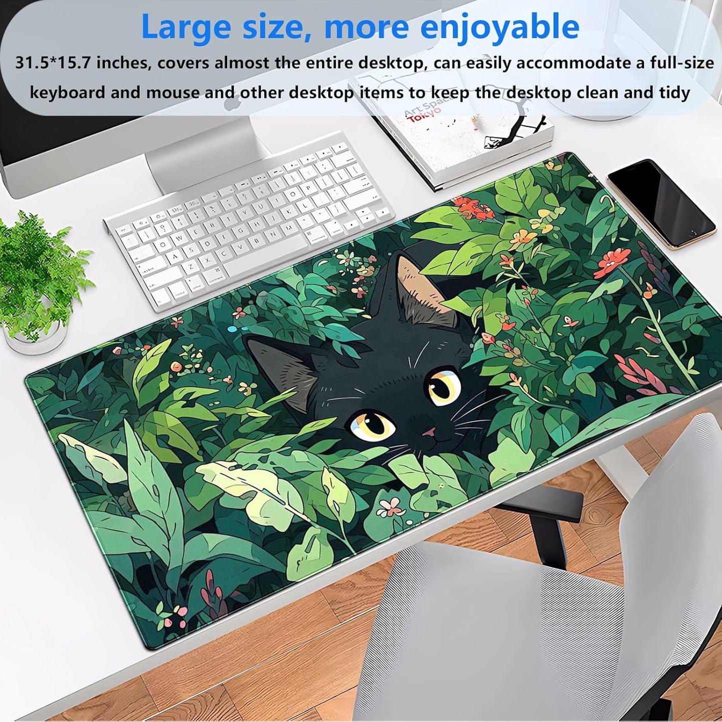 Black Cat Mouse Pad Cute Gaming Mousepad XL Kawaii Computer Mat 31.5 x 15.7 in Full Desk Mouse and Keyboard Pad Green Desk Mat with Stitched Edge Anti-Slip Washable for Office and Home