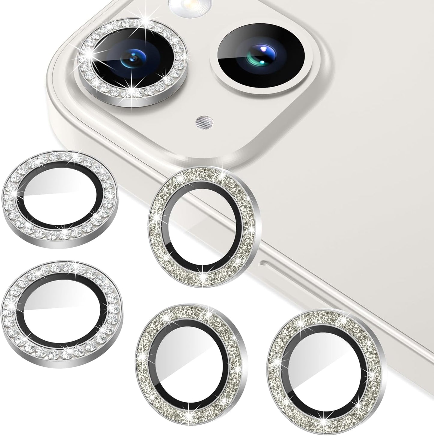AGVEE 3+3 for iPhone 14 6.1" / 14 Plus 6.7" Camera Lens Protector, Bling Diamond & Bling Glitter Metal Ring 9H Tempered HD Glass Camera Protector Cover Film, Bling-Silver