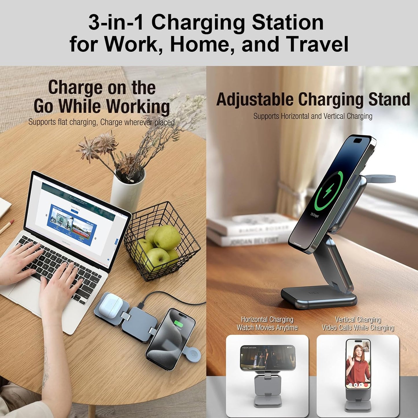 3 in 1 Charging Station for Apple Devices, Magnetic Foldable Wireless Charger, 15W Fast Charging for iPhone 12/13/14/15/16, Watches, and Earbuds, Compact Travel Design, Metal Frame