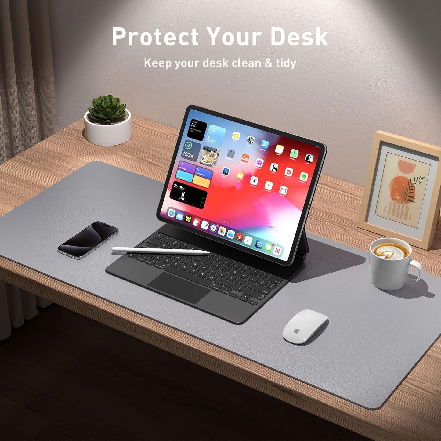 Aothia Leather Desk Pad Protector, Mouse Pad, Office Desk Mat, Non-Slip PU Leather Desk Blotter, Laptop Desk Pad, Waterproof Desk Writing Pad for Office and Home (36" x 17", Light Grey)