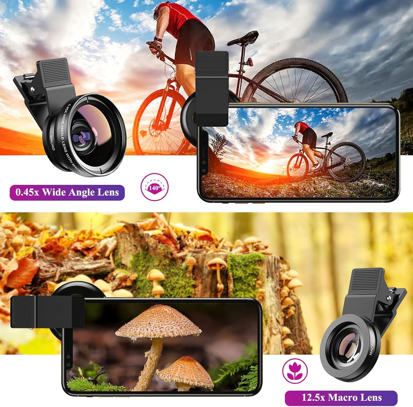 Apexel Phone Camera Lens, 2 in 1 Cell Phone Clip-on Lens Kit 0.45X Wide Angle Lens 140°+ 12.5X Macro Lens Clip-on iPhone Lens for iPhone Samsung and Most of Android Smartphone