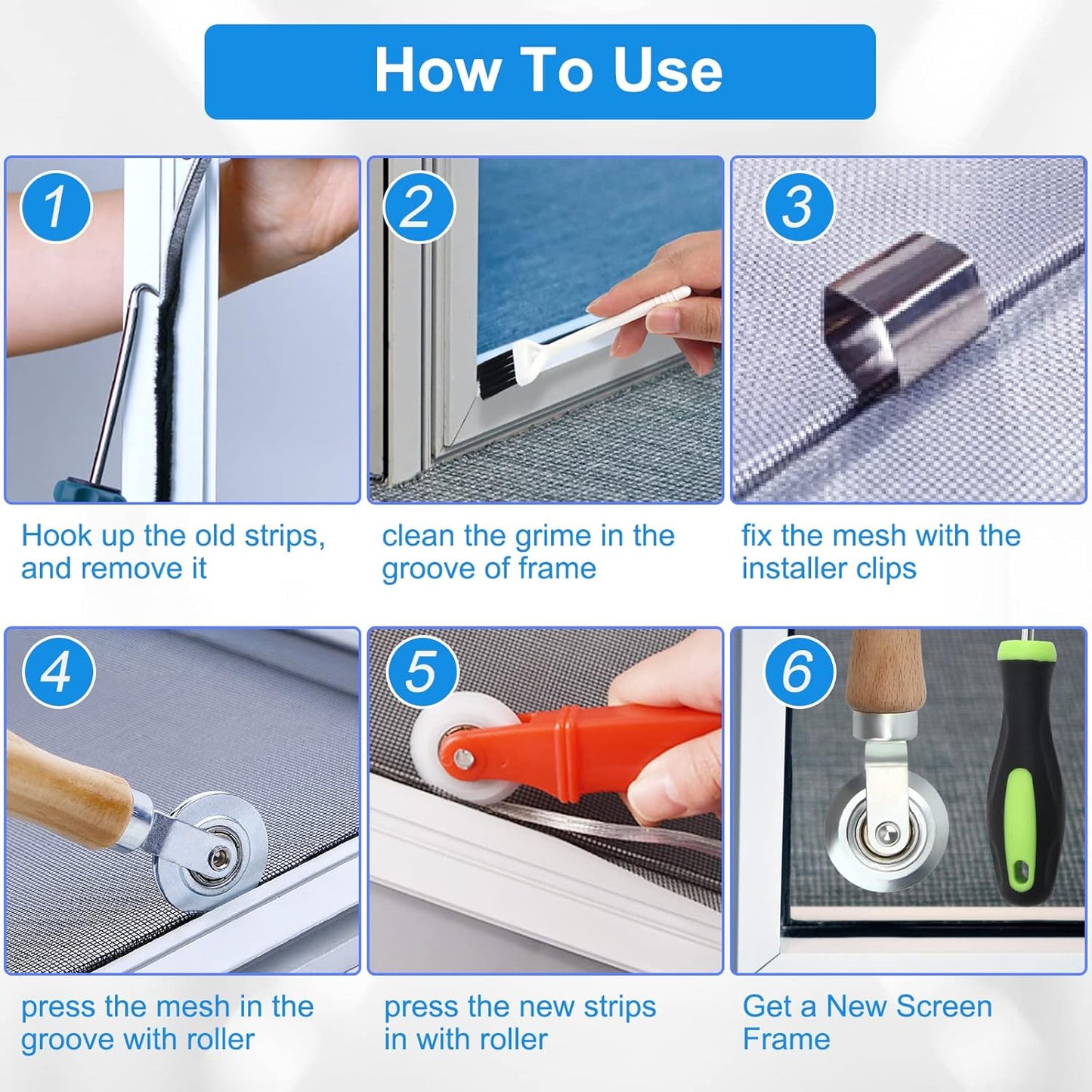 Window Screen Repair Kit Mesh Screen Spline Roller Repair Tools Kit with Screen Installer Clips, Metal and Plastic Spline Fixing Tool Kit for Window Screen