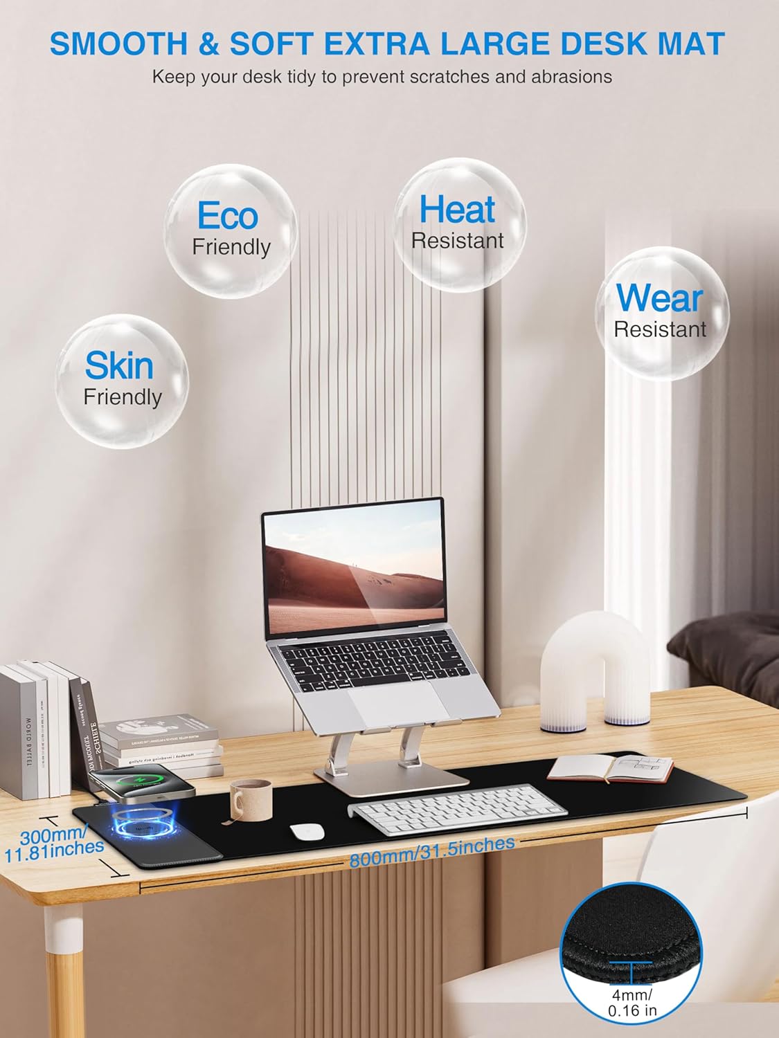 TopMade Wireless Charging Mouse Pad, Gaming Mousepad with Ultra-Smooth Surface, Non-Slip Base, Waterproof Computer Desk Pad, 31.5"x11.81" XL Large Desk Mat for MacBook, PC, Laptop