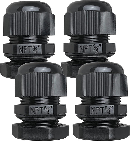 MGI SpeedWare 3/4" NPT Strain Relief Nylon Cord Grip Cable Glands, Black Plastic Grommet 20-Pack