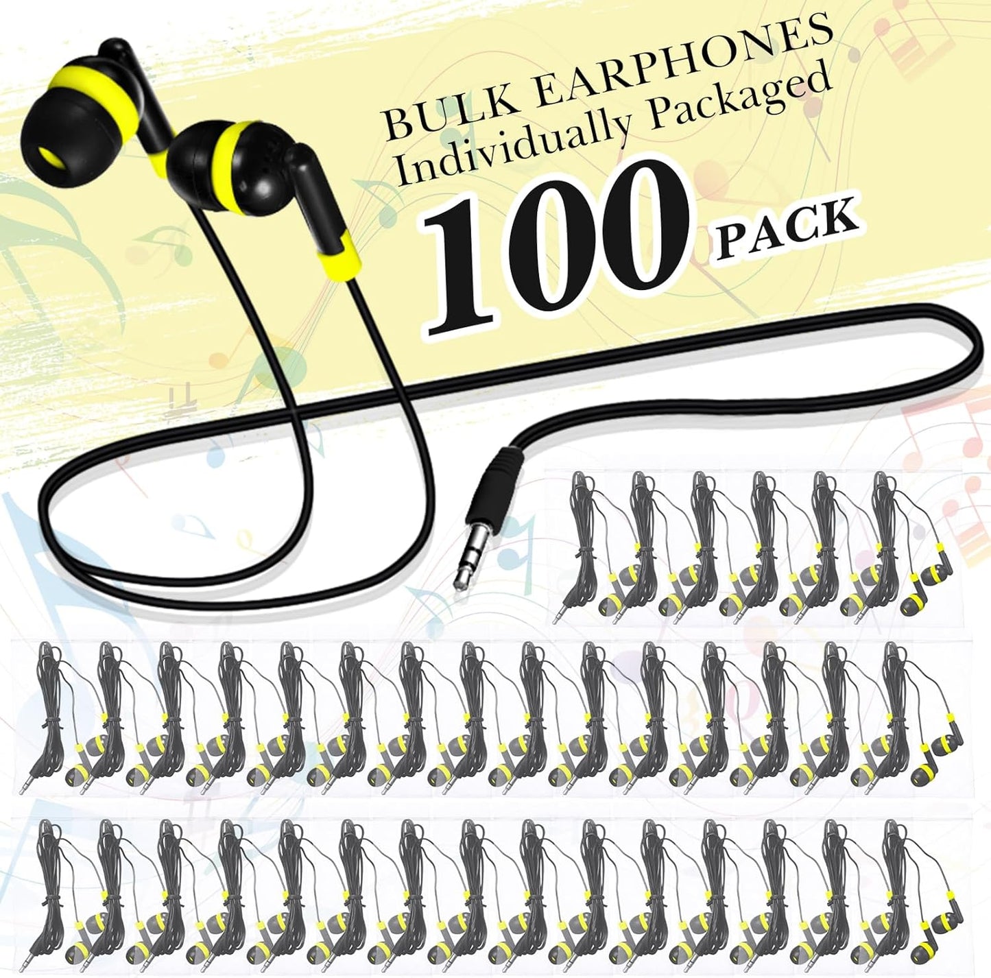 Kanayu 100 Pack Wired Earbuds Bulk for Classroom Ear Headphones Wired Basic Student Earbuds No Microphone with 3.5mm Jack for Kids Class Laptop School Library, Individually Bagged(Yellow)
