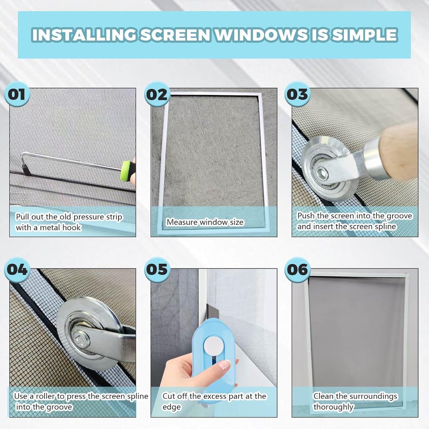 Window Screen Replacement Kit, 8-in-1 DIY Screen Door Repair Kit with Fiberglass Mesh 48"x118" Spline Tools for Sliding Door Patio Screen House Windows French Doors