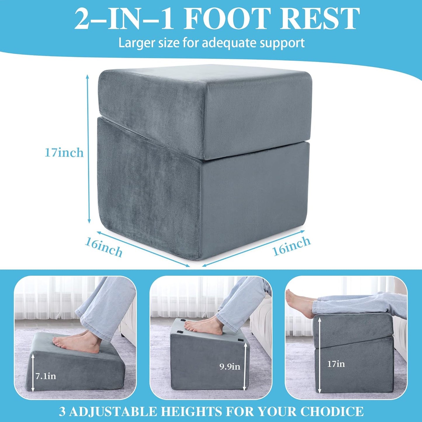 ROYALAY Adjustable Foot Rest Under Desk for Office, High-Density Foam Foot Rest with 3 Adjustable Heights, Ergonomic Footrest with Washable Cover for Home, Airplane, Travel(16 * 16 * 17in, Gray)
