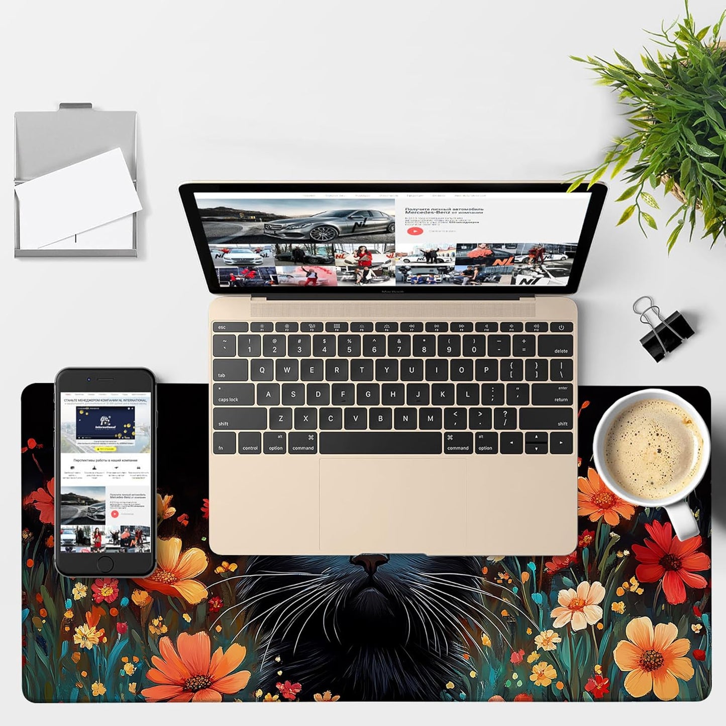 Black Cat and Flowers Gaming Mouse Pad 3mm Thick Stitched Edge Waterproof Non-Slip Large Computer Keyboard Mouse Mat,Suitable for Office Entertainment Decorative Desk Pad 35.4 x 15.7 Inches