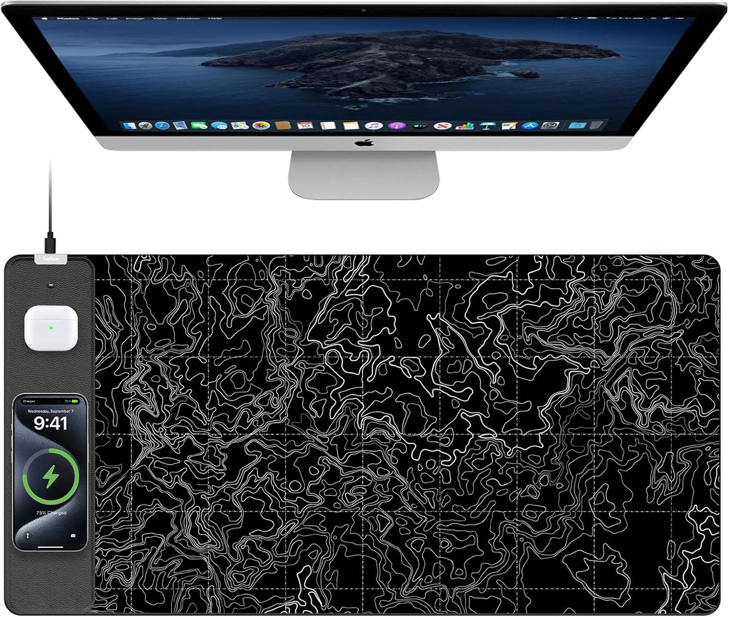 TopMade Mouse Pad with 15W Fast Wireless Charging, 31.5"x15.75" XXL Large Gaming Waterproof Desk Pad with Ultra-Smooth Surface, Non-Slip Base, Computer Desk Mat, Black Topographic Map #3