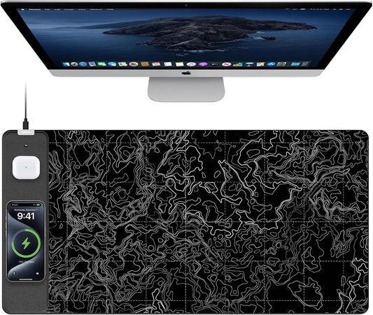 TopMade Mouse Pad with 15W Fast Wireless Charging, 31.5"x15.75" XXL Large Gaming Waterproof Desk Pad with Ultra-Smooth Surface, Non-Slip Base, Computer Desk Mat, Black Topographic Map #3