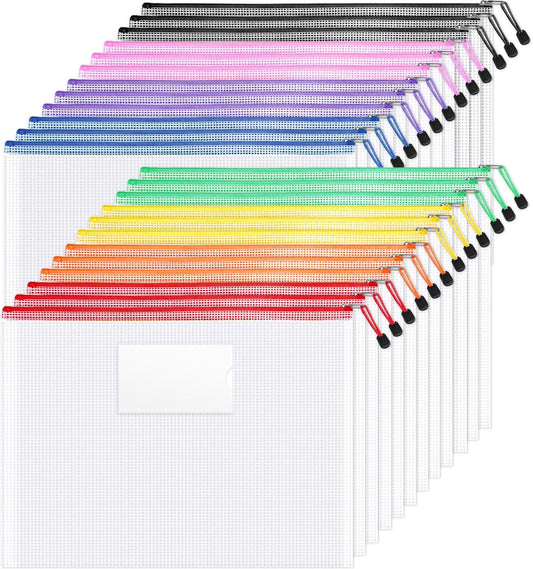 Sooez 24 Pack Super Large Mesh Zipper Pouch Bags, A3 (16.5×11.7 in) Storage Bags with Label Pocket, Reusable Zipper Pouches for Classroom Organization