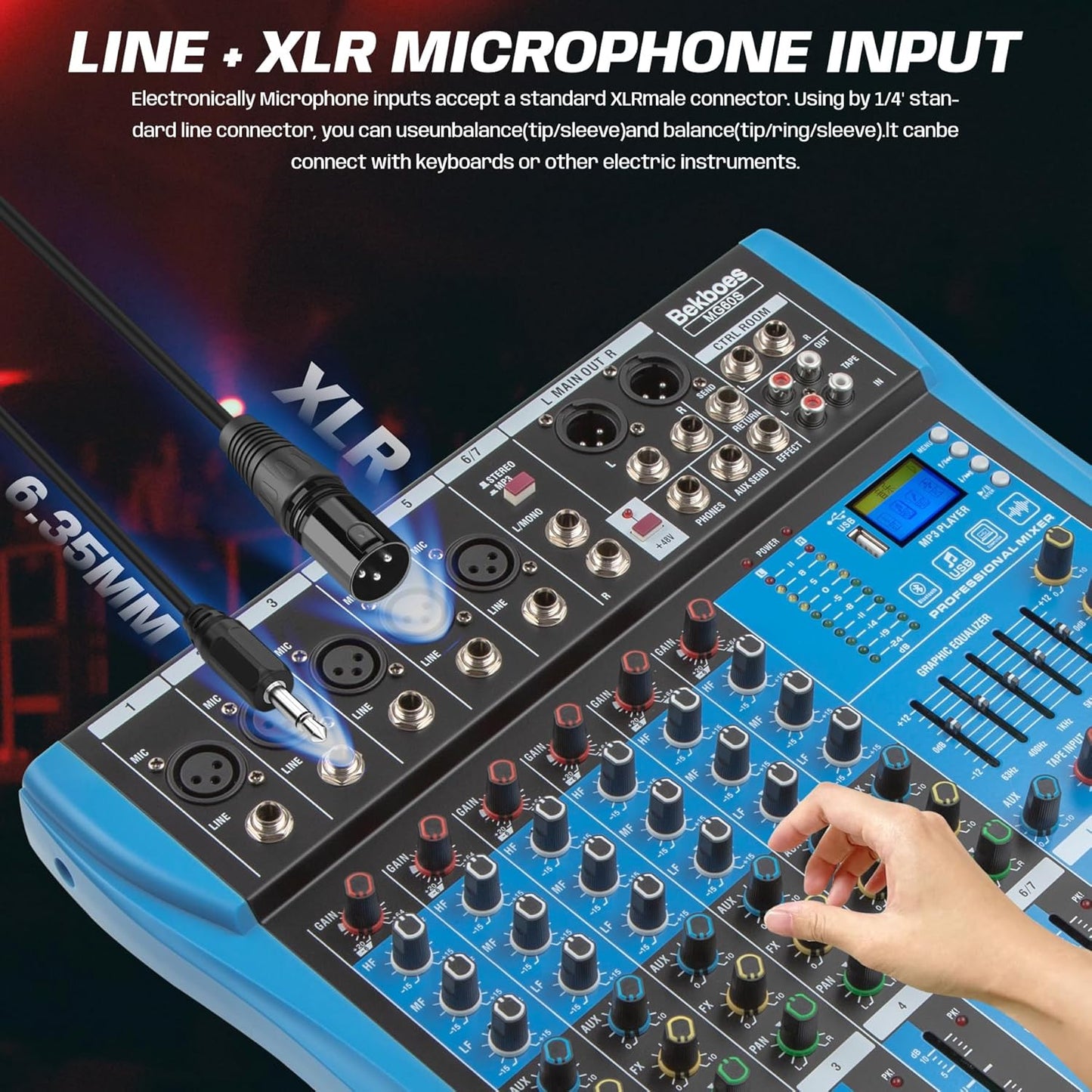 Professional Audio Mixer, 6 Channel, Input 48V Phantom Power Stereo Digital USB Bluetooth MP3 Computer Input, Build-in 16 Effect DSP, for Recording, Live Streaming, Podcasting MG60S