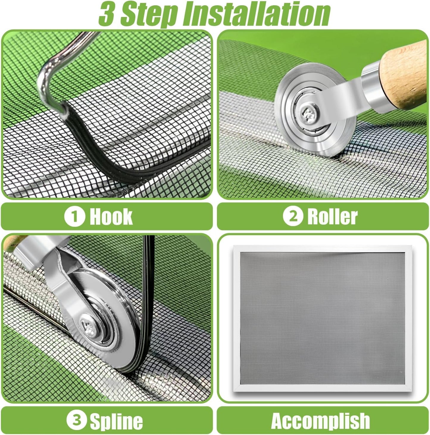 Screen Repair Kit/Tool, King&Charles Screen Roller Tool, Steel Roller with Bear, 32 ft Spline, Removal Hook, 3 in 1 Window Repair Kit, for Installing Door Window Mesh.