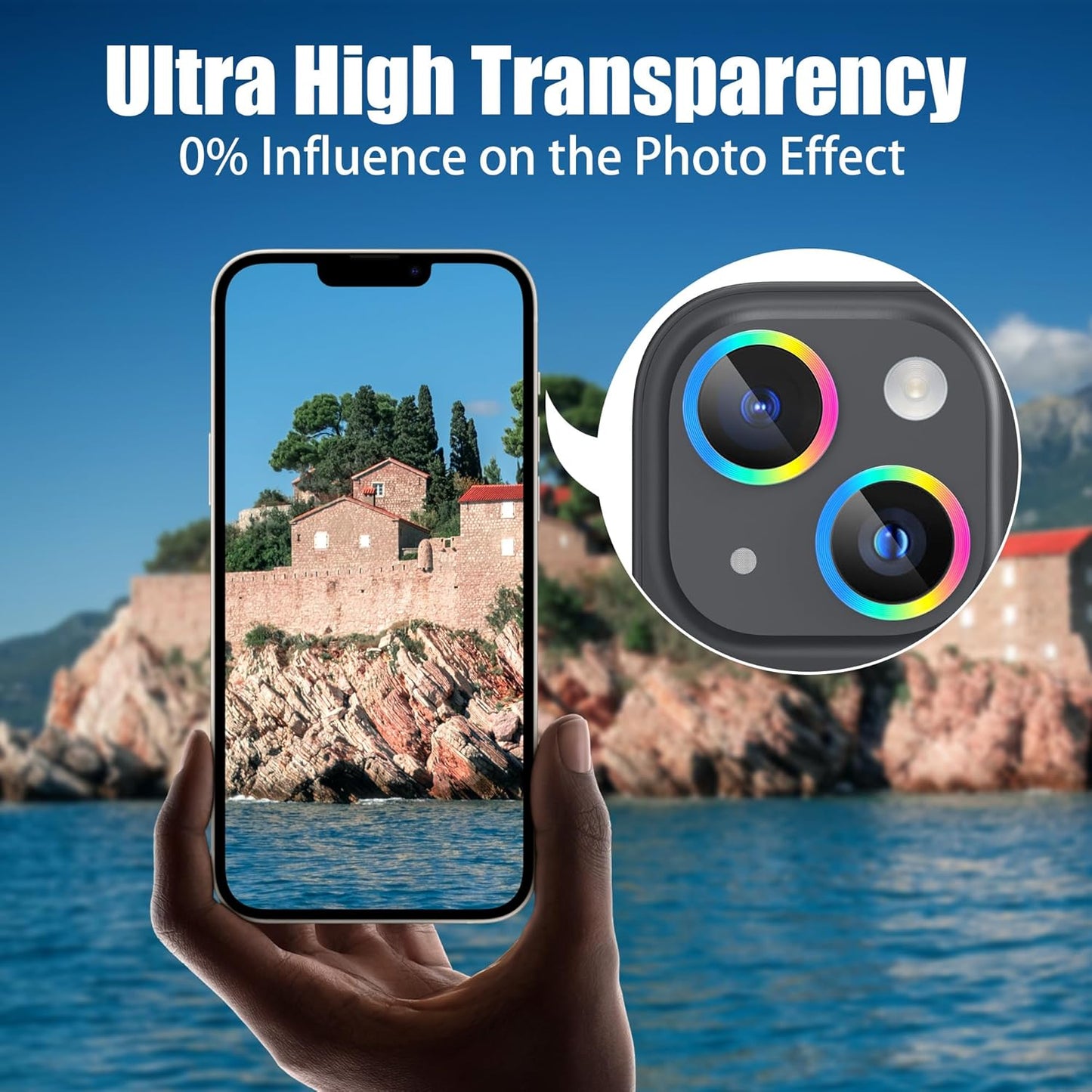 AGVEE 3+3 6 Pack for iPhone 15 6.1" / 15 Plus 6.7" Camera Lens Cover Protector, Metal Ring 9H Tempered HD Glass Camera Cover Protector Film, Black