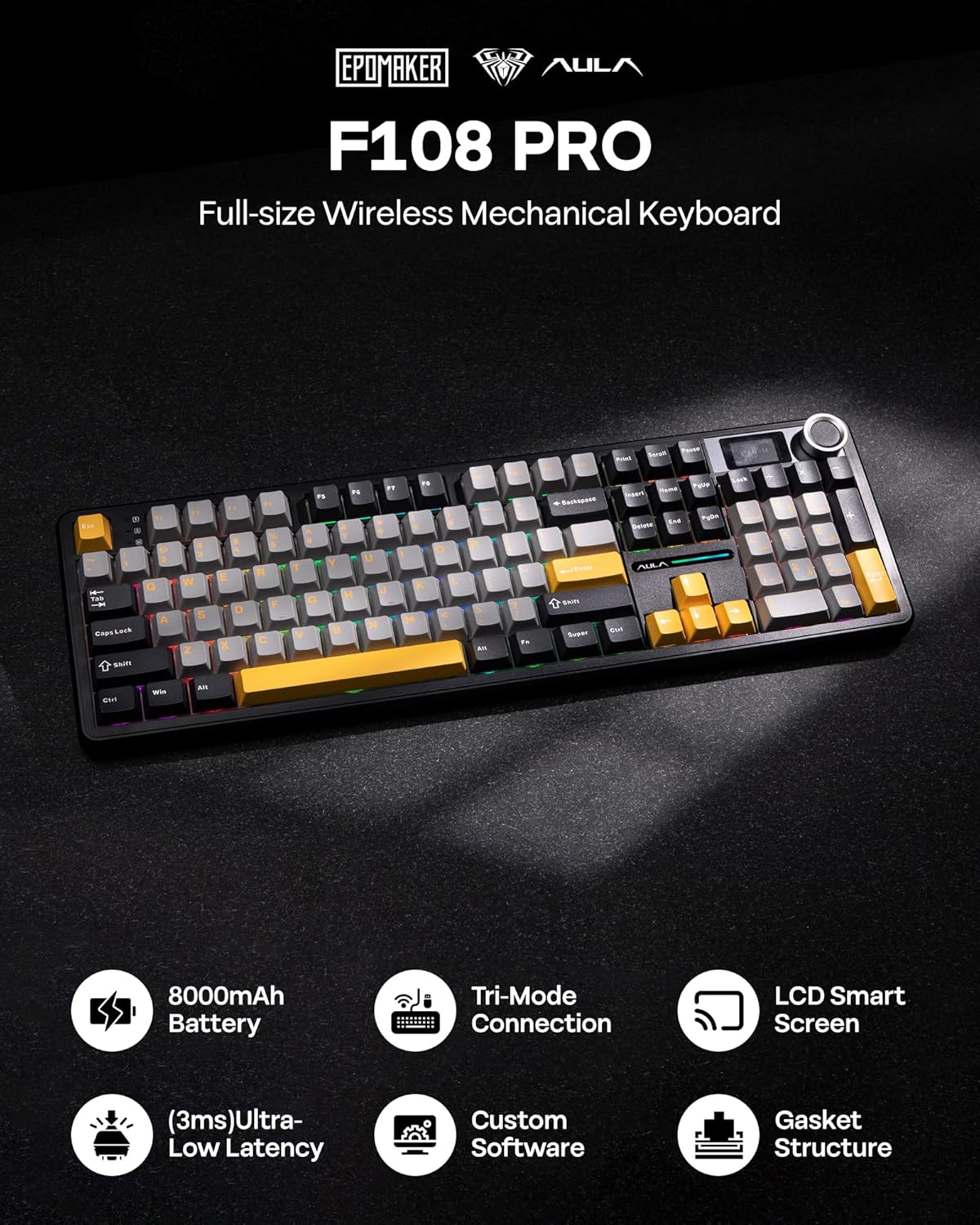 EPOMAKER X Aula F108 PRO Wireless Gaming Keyboard with Screen, 8000mAh Battery, 104 Hot-Swappable and Programmable Keys and Knob, RGB Backlight, for Mac/PC/Android (Grey&Yellow)
