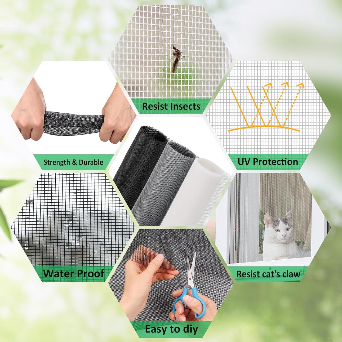 Windows Screen Replacement and Screen Door Repair Kit, 6Pcs Window Screen Fiberglass Mesh Kit - Window Screen & Screen Door Mesh & Screen Porch Repair Kit (Black, 59" x 106")