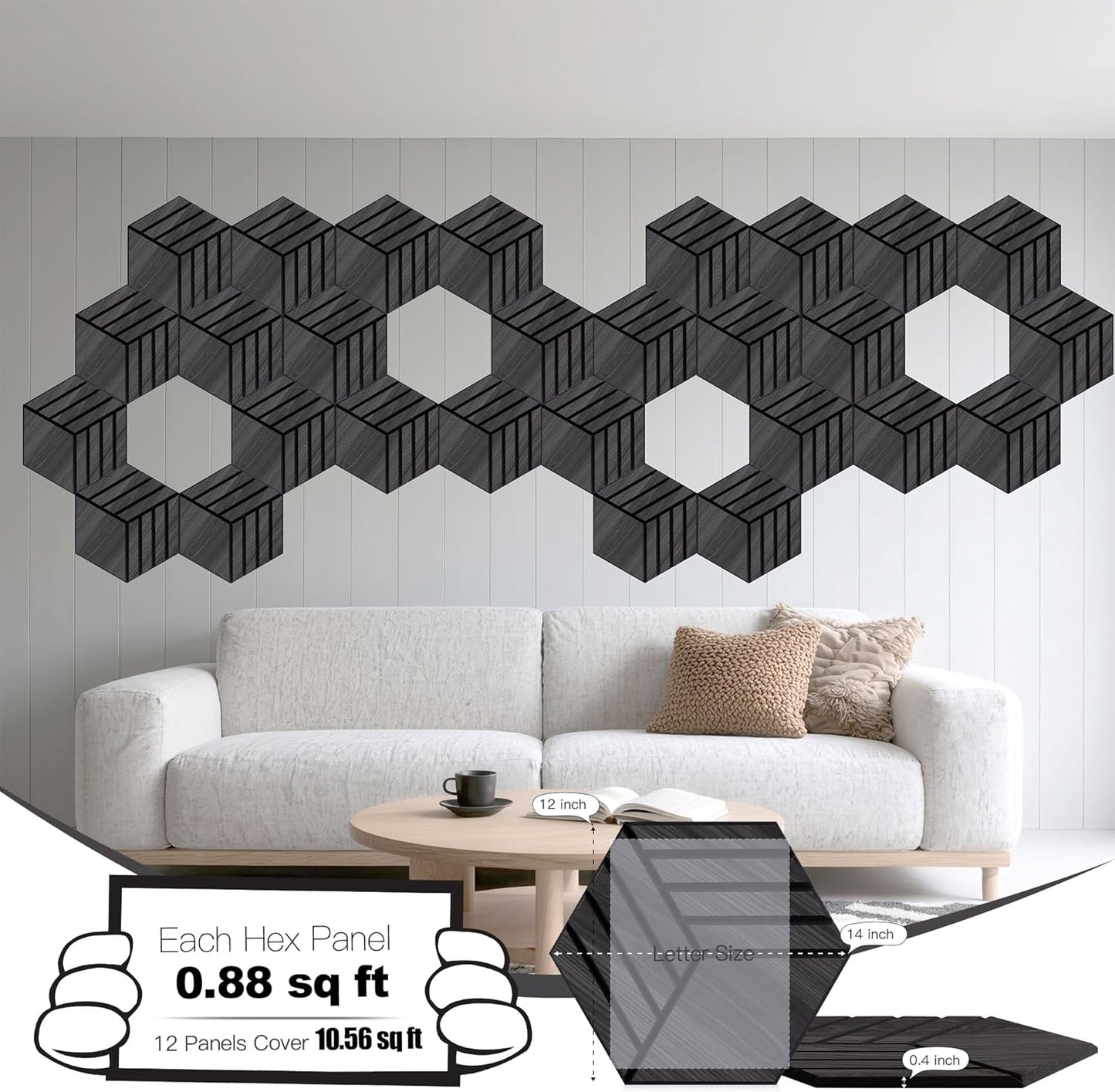 Mollywell Hexagon Acoustic Panels, Black Oak TW4, 14x12x0.4 Inch, 12 Pack |Wood Veneer|High Density Sound Proofing Wall Panels|Self Adhesive Sound Dampening Felt Wall Tiles|Home Theater|Gaming Room|