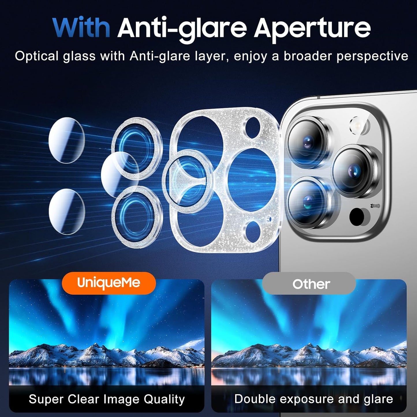 UniqueMe 3 Packs Compatible for iPhone 14 Pro Max/iPhone 14 Pro Camera Lens Protector Acrylic [Not Glass],[Case Friendly][Scratch-Resistant][Night Shooting Mode]-Glitter Silver